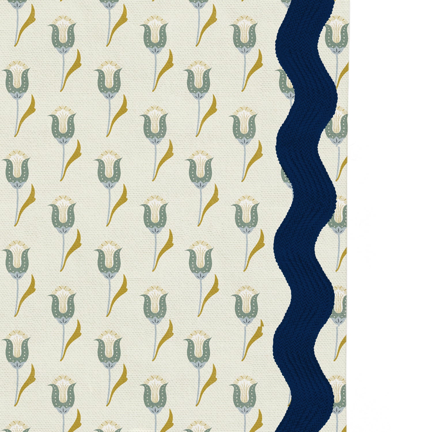 abstract floral green curtain with navy wavy line trim 