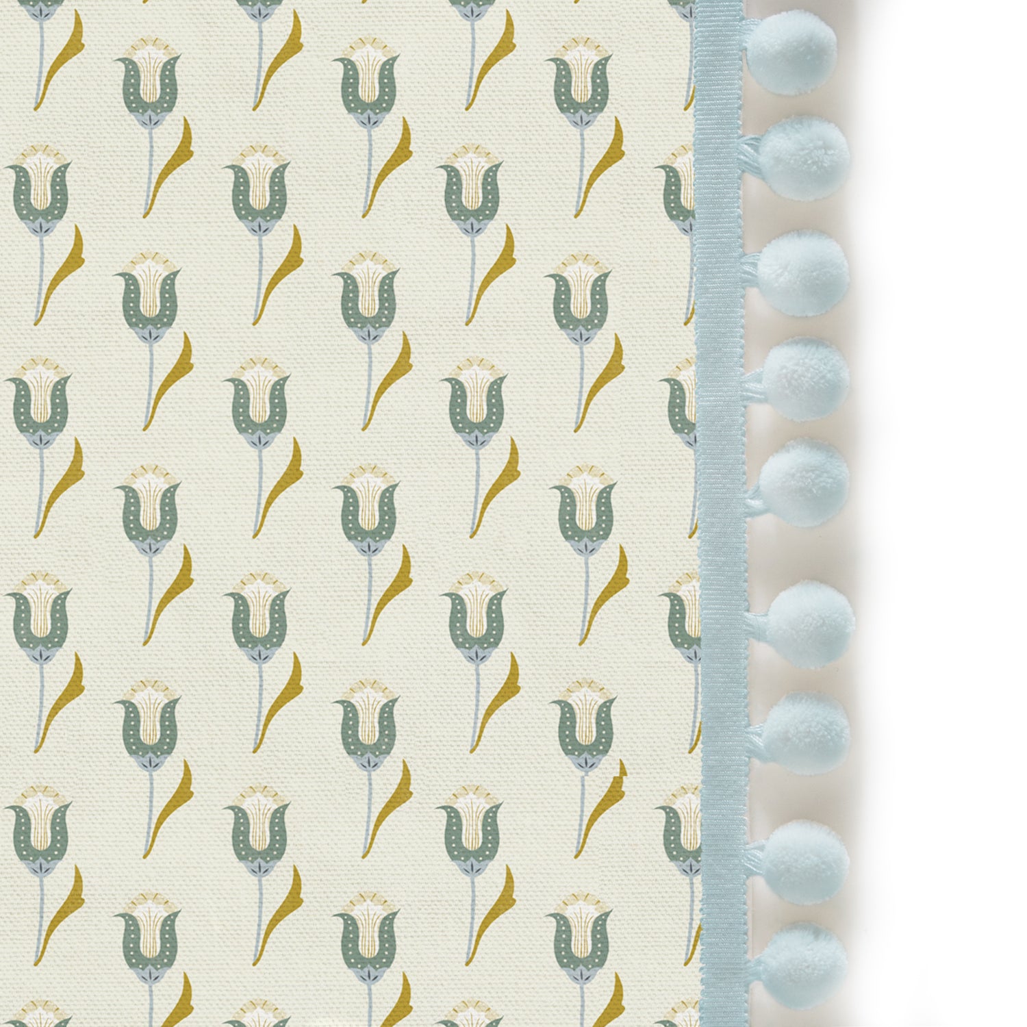 abstract floral green curtain with sky blue pom poms