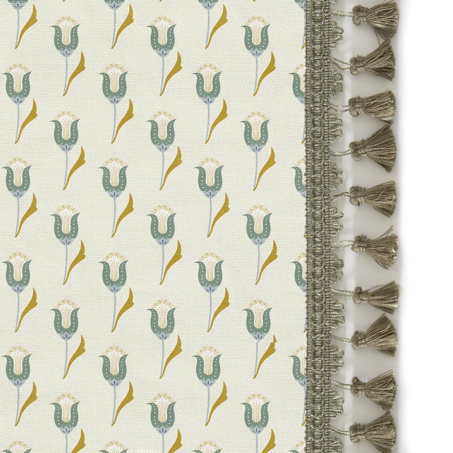 abstract floral green curtain with sage green tassels