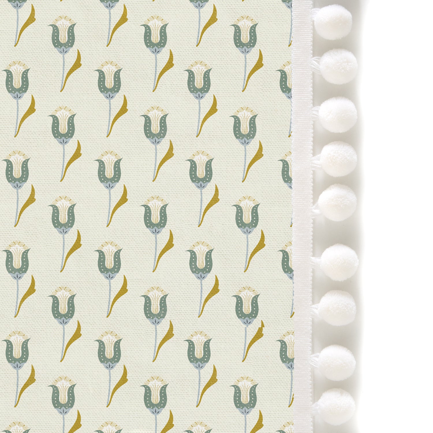 abstract floral green curtain with white pom poms