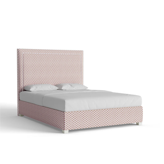 Delaney Bed in Willow Orchid fabric with subtle geometric pattern, showcasing Pepper Home’s elegant custom design.