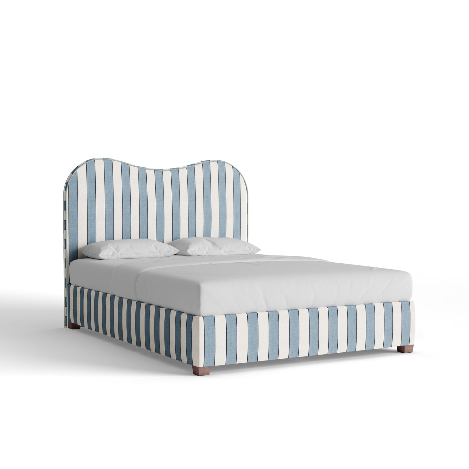 Florence Harbor bed with elegant curved sculptural headboard in blue and white striped linen by Pepper Home.