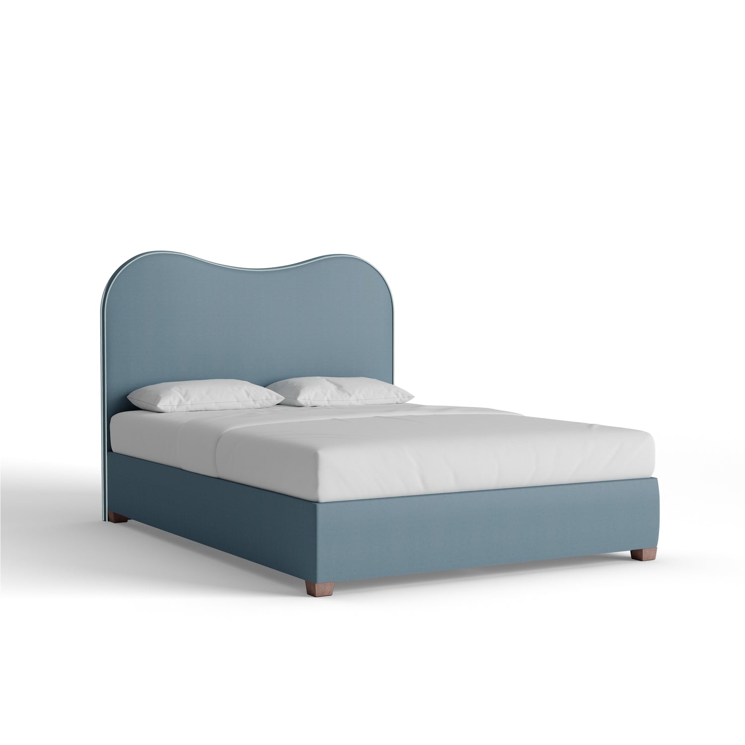 Harbor bed in soothing Harbor linen fabric features sculptural curves for an elegant, relaxing bedroom centerpiece by Pepper Home.