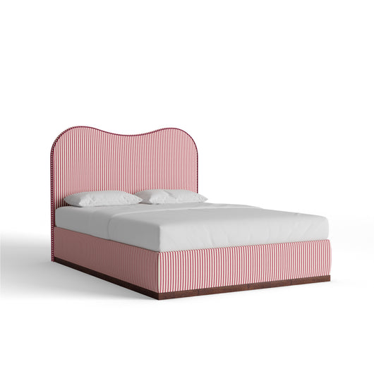 Hudson Bed in Louisa Cranberry Vertical features an elegant sculptural silhouette with custom woven fabric by Pepper Home.