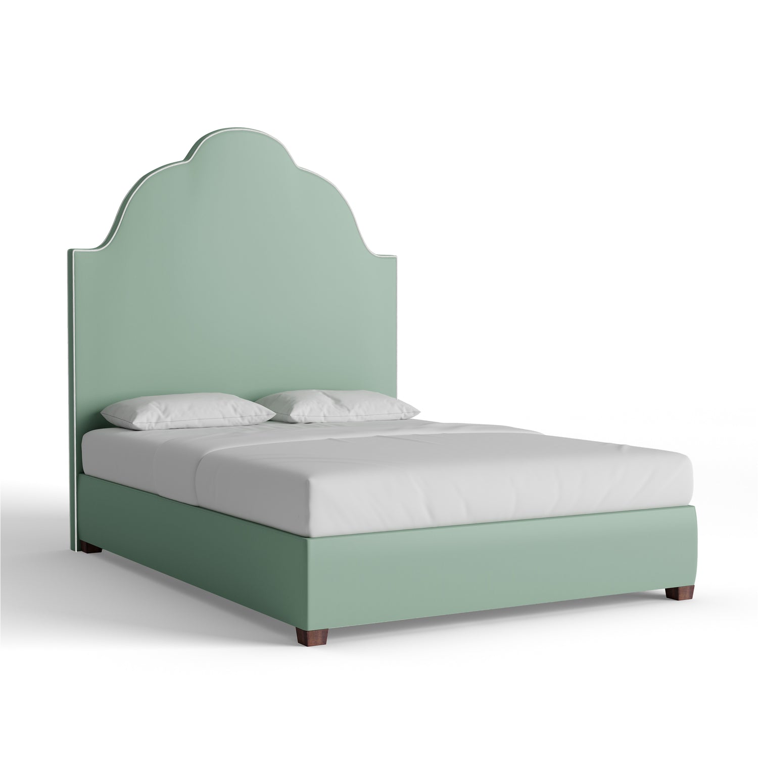 Sea Salt Velvet Regina Bed with elegant arched silhouette and tailored finish, adding charm and color to any room.