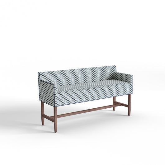 Willow Amalfi bench with tailored seat and geometric pattern, featuring custom leg color options by Pepper Home.