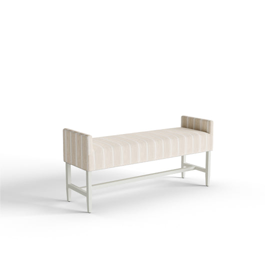 Celeste Bench in Margot Flour fabric features a tailored silhouette with clean lines, perfect for any space.