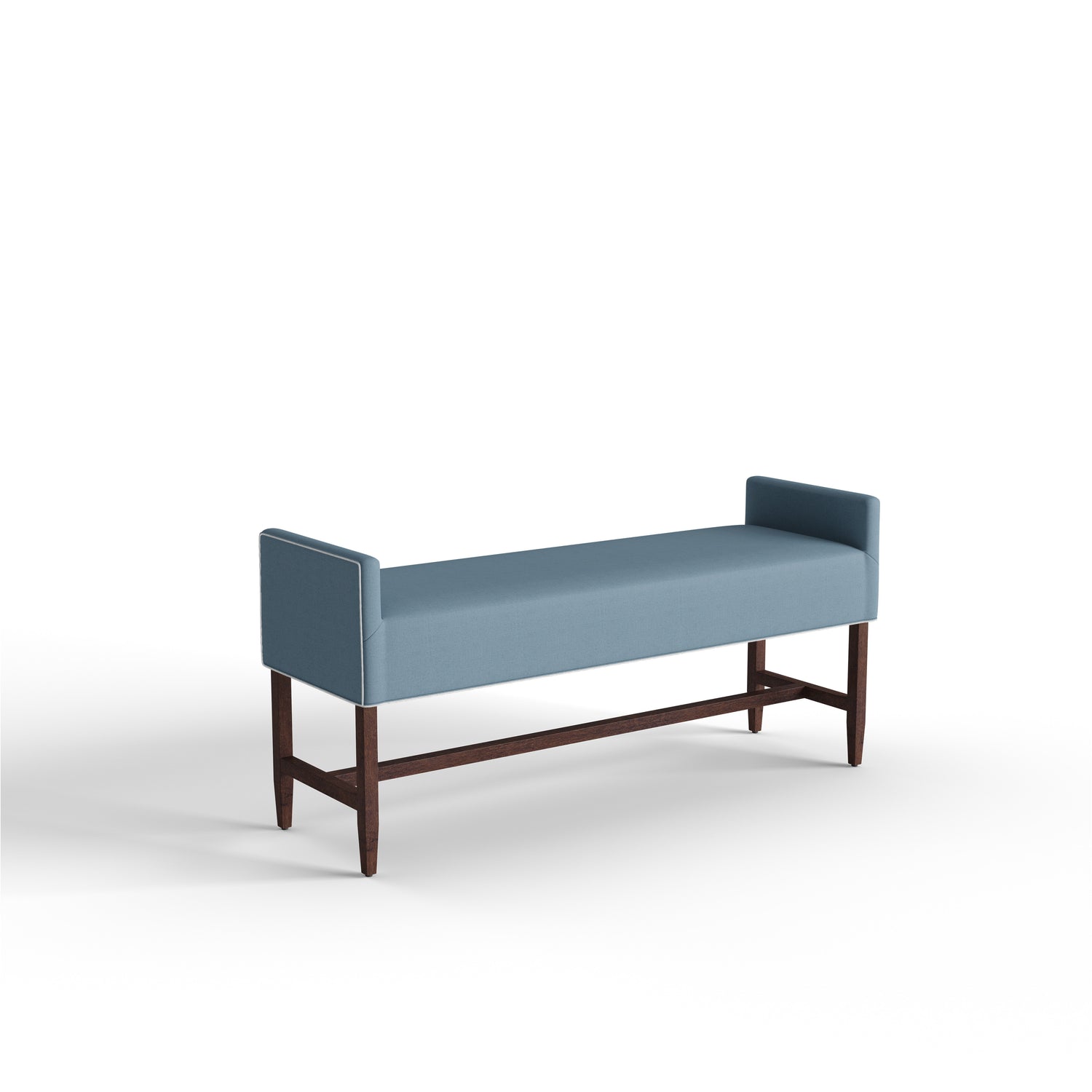 Harbor bench with tailored silhouette in Harbor linen fabric and custom leg color by Pepper Home.