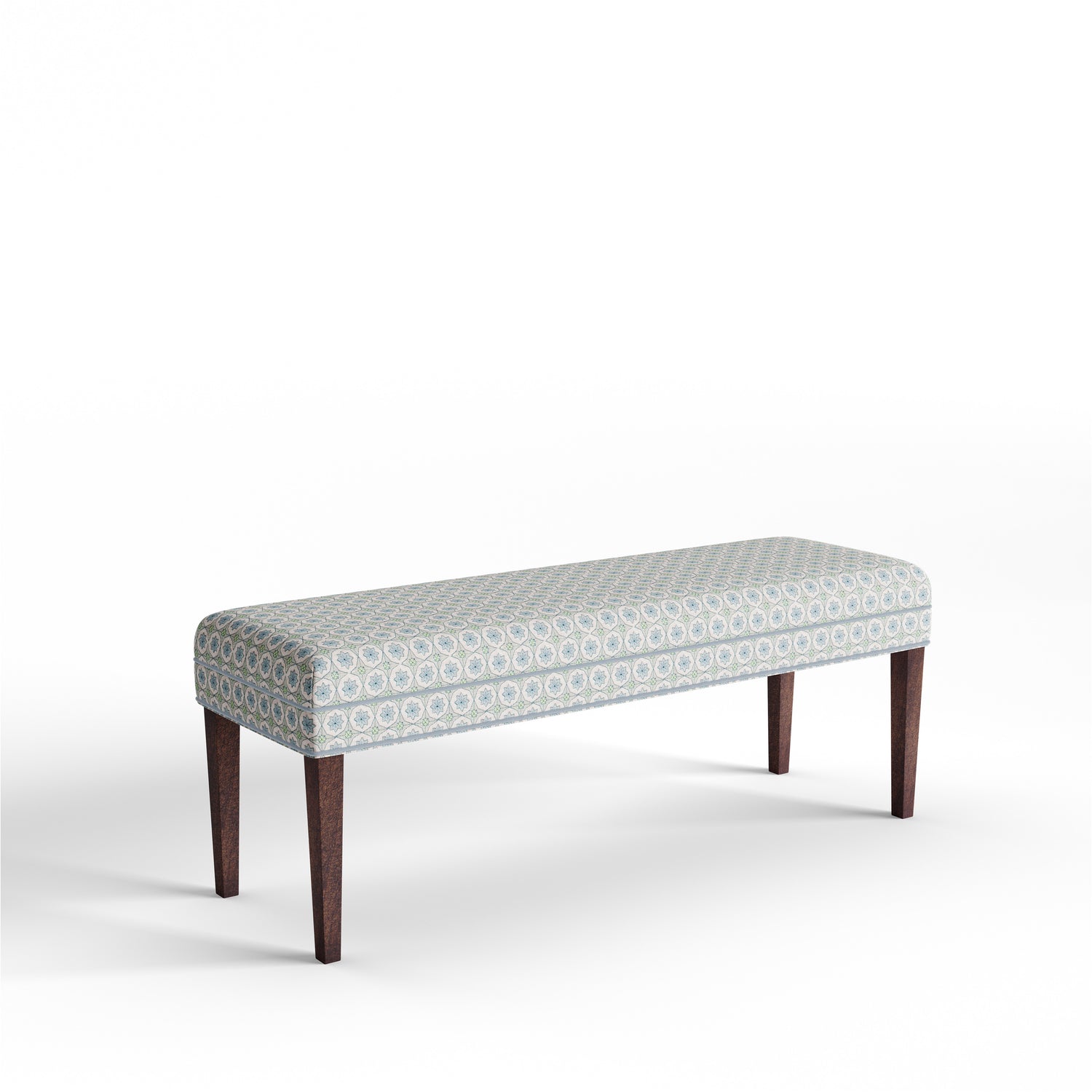 Scarlett Bench in Hayes Sea Salt fabric with tapered legs, a custom versatile seating option from Pepper Home.