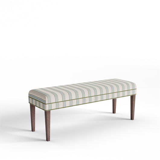 Margot Fern bench with crisp striped fabric and tapered legs, a sleek, versatile addition to any room by Pepper Home.