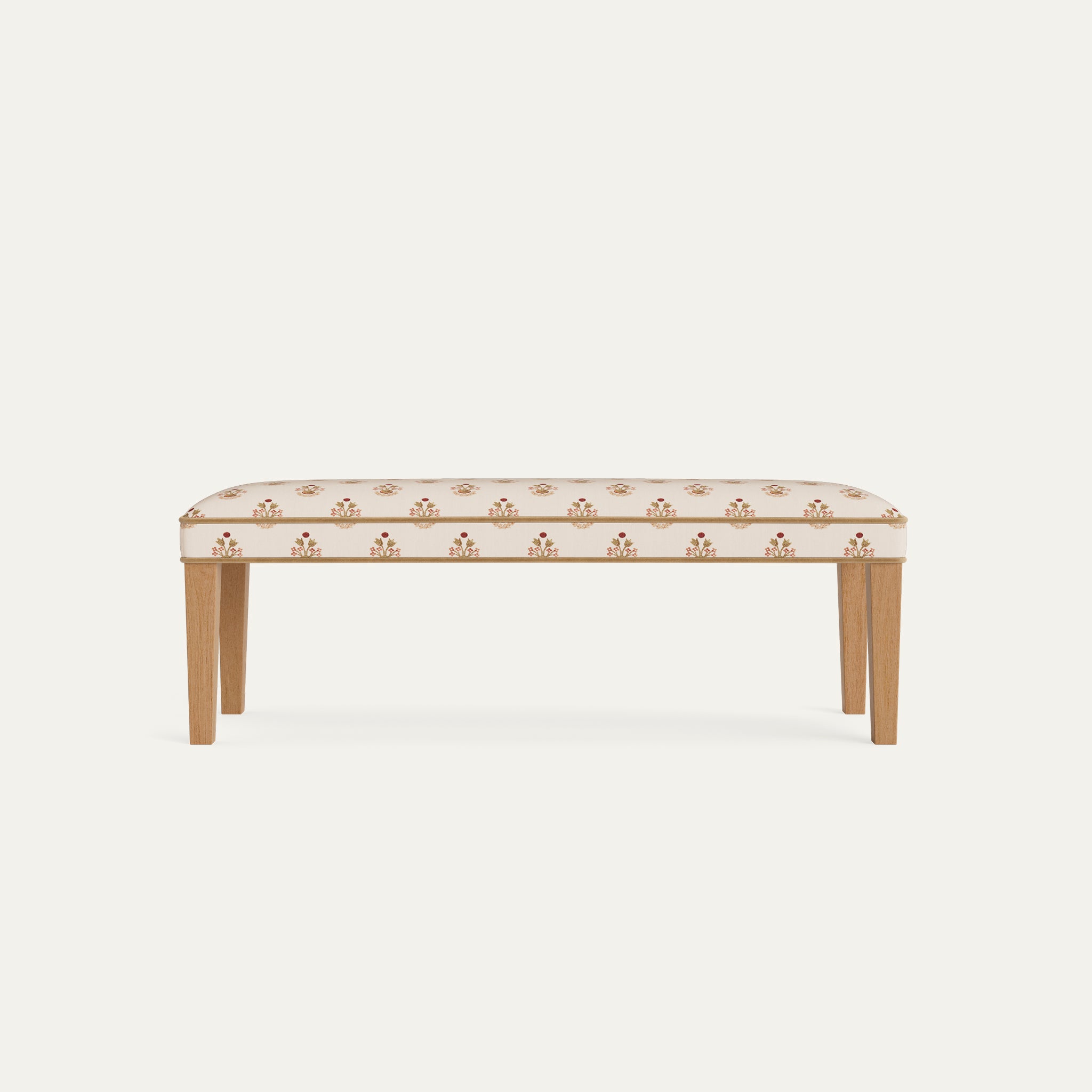 Lucie Clay upholstered bench with subtle printed linen fabric, made-to-order, short lead times, crafted in the USA