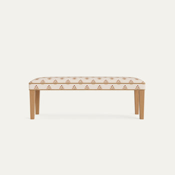 Lucie Clay upholstered bench with subtle printed linen fabric, made-to-order, short lead times, crafted in the USA