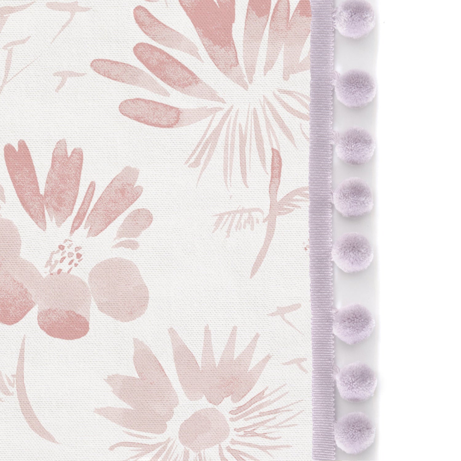 Pink Floral Printed Curtain with Lavender Pom Poms close-up