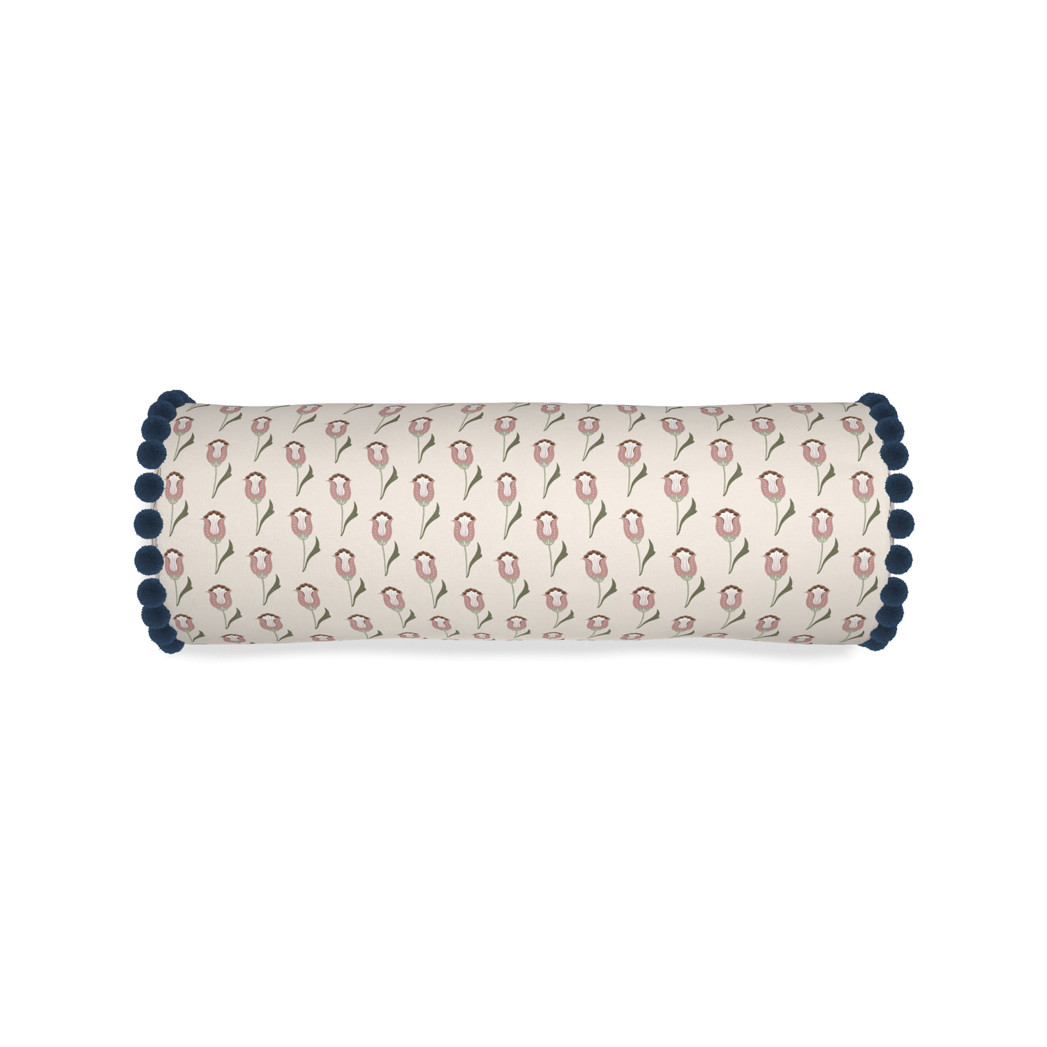 abstract floral pink bolster with dark blue pom poms