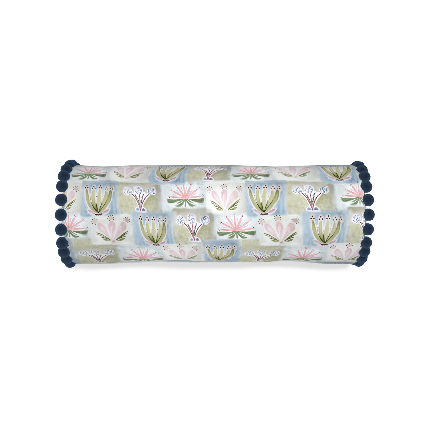 hand painted floral bolster with dark blue pom poms