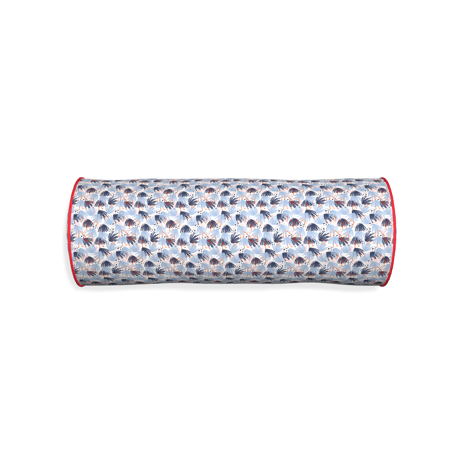 Bolster eden blue custom pillow with cherry piping on white background