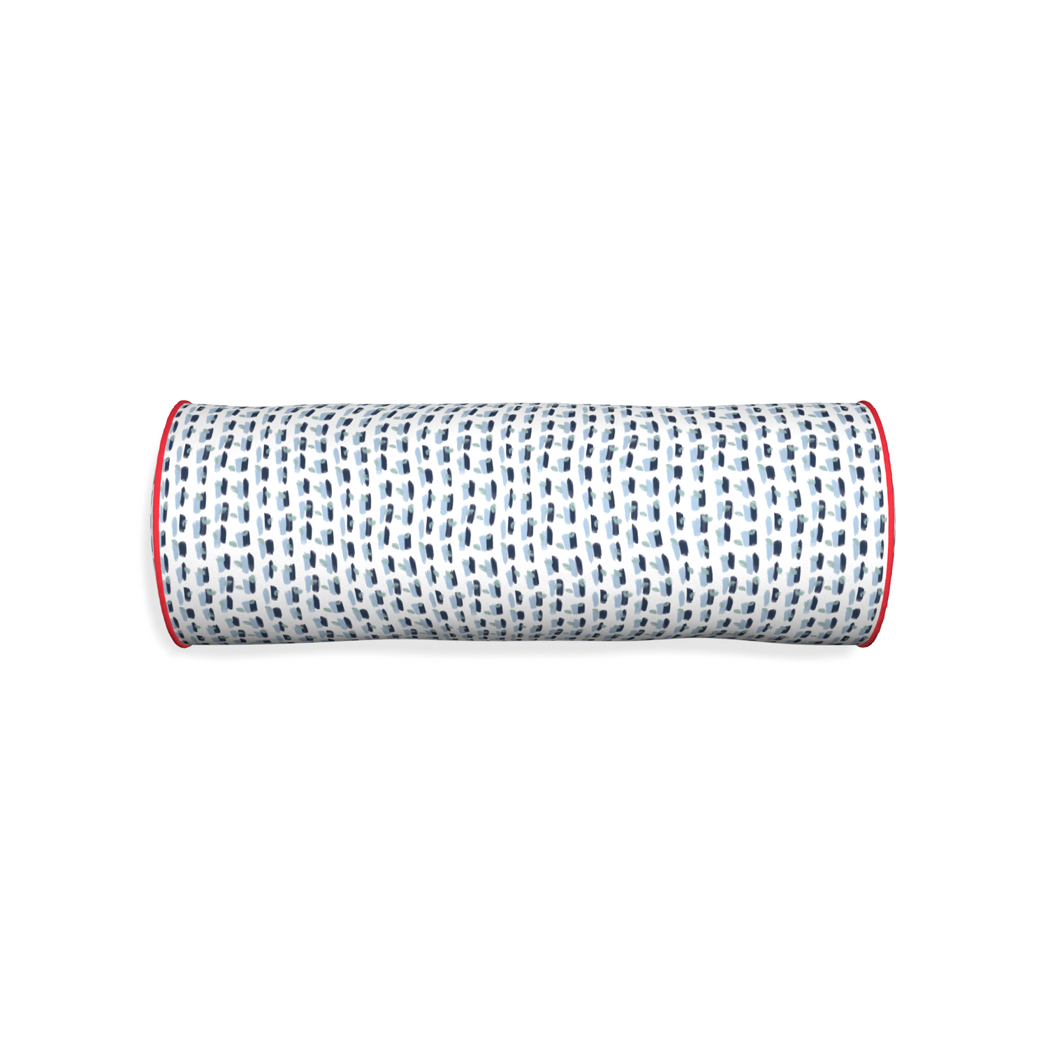 Bolster poppy blue custom pillow with cherry piping on white background
