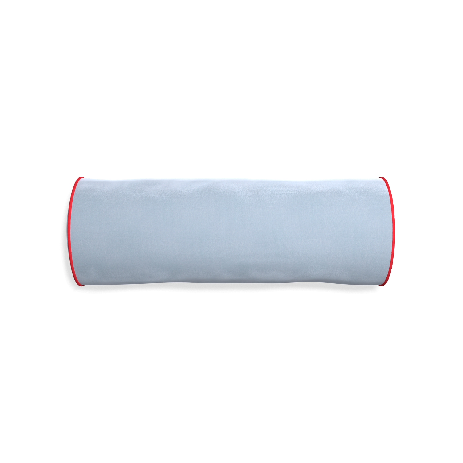 Bolster sky velvet custom pillow with cherry piping on white background