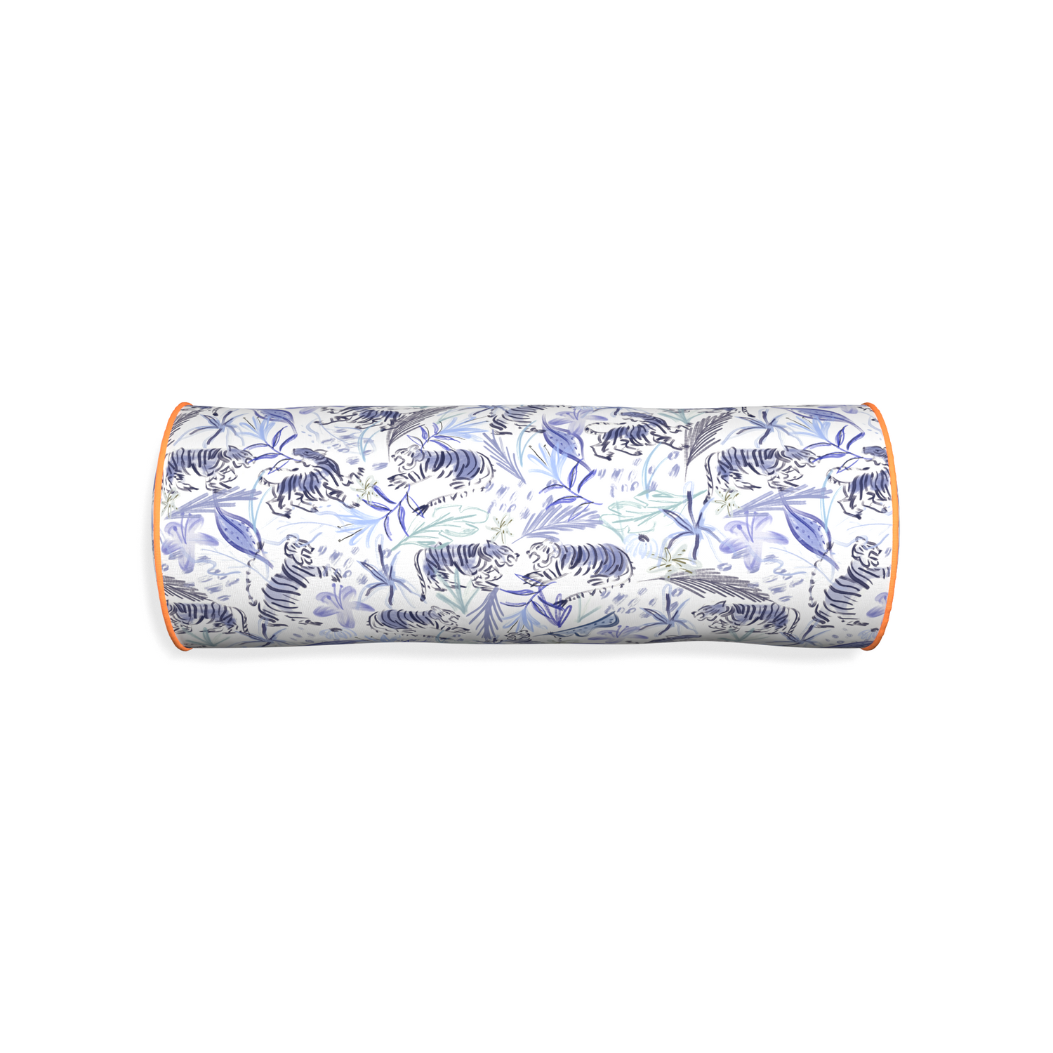 Bolster frida blue custom blue with intricate tiger designpillow with clementine piping on white background