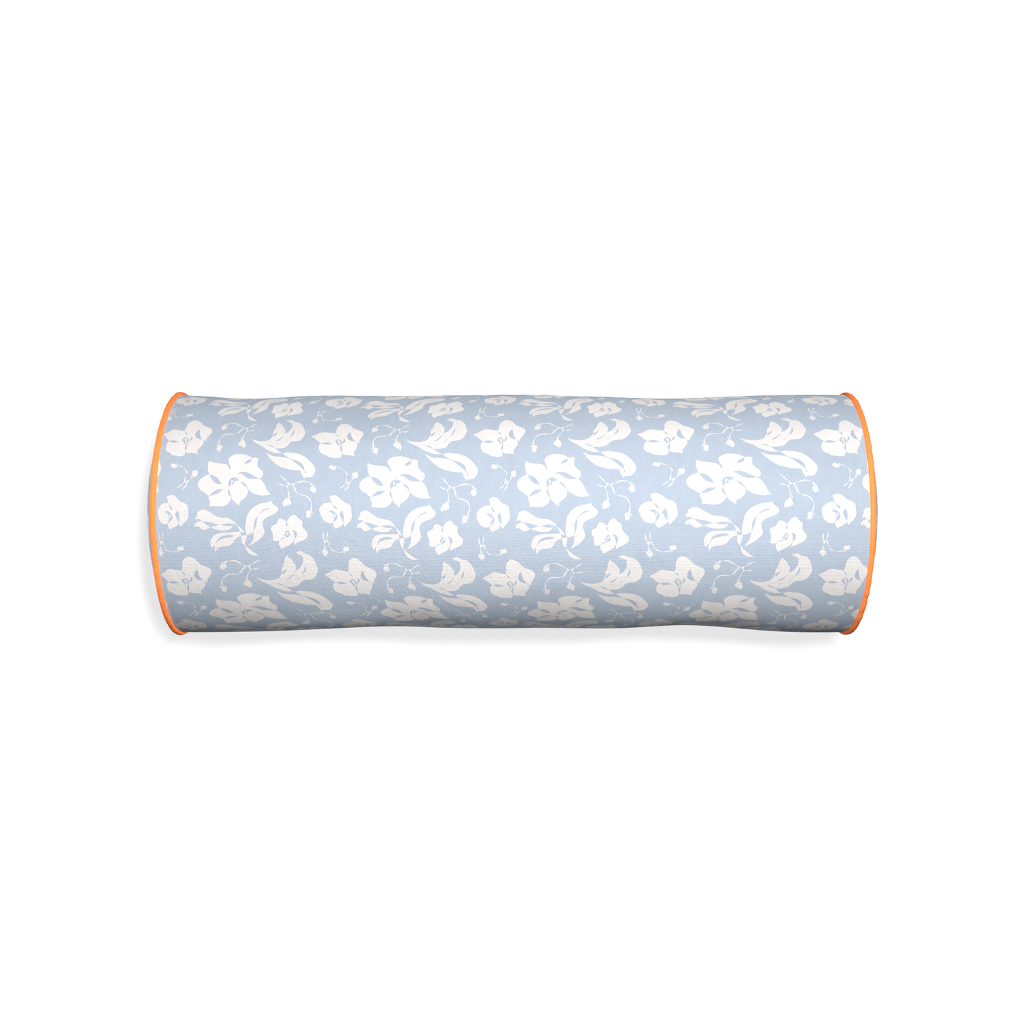 Bolster georgia custom cornflower blue floralpillow with clementine piping on white background