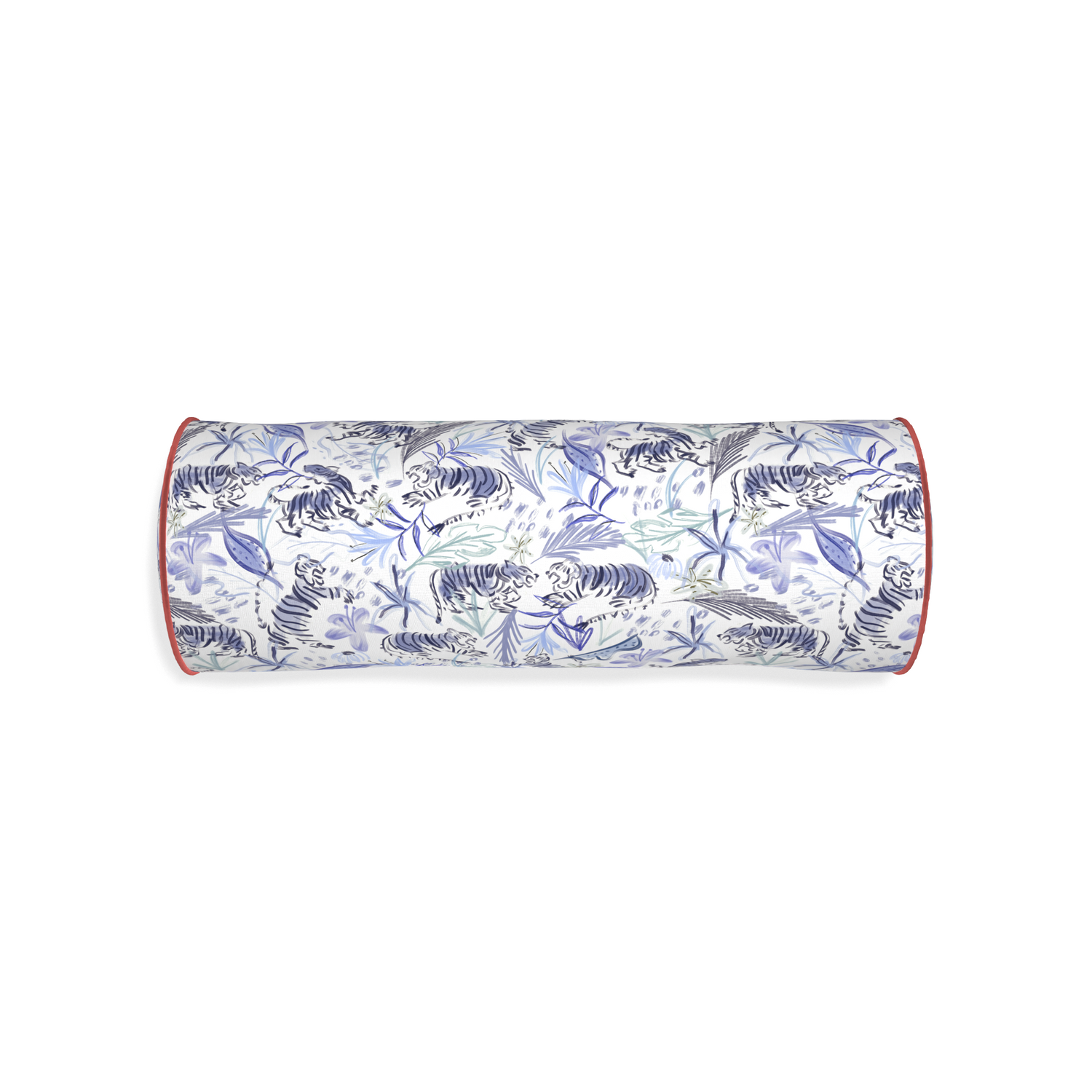 Bolster frida blue custom blue with intricate tiger designpillow with c piping on white background