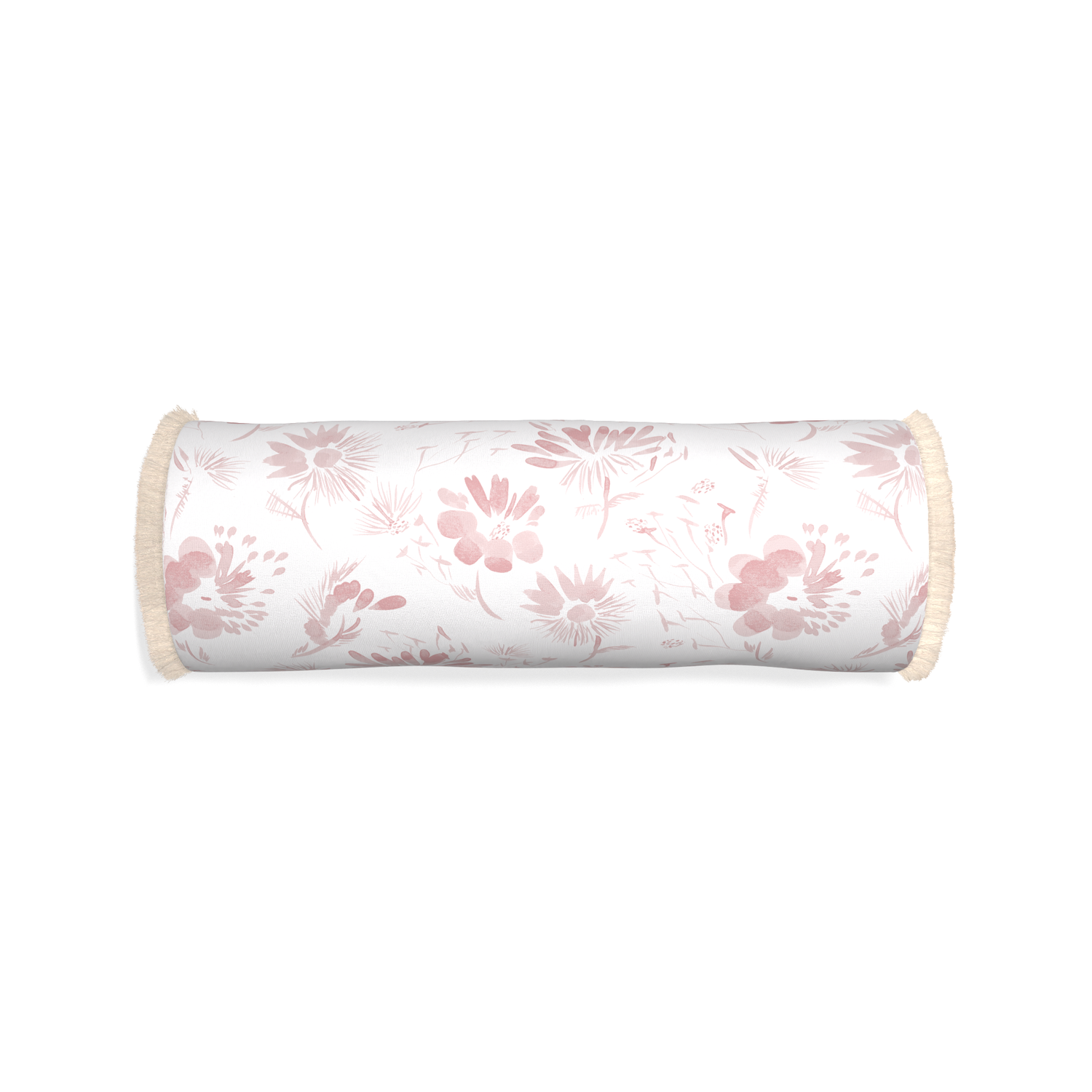 Bolster blake custom pink floralpillow with cream fringe on white background