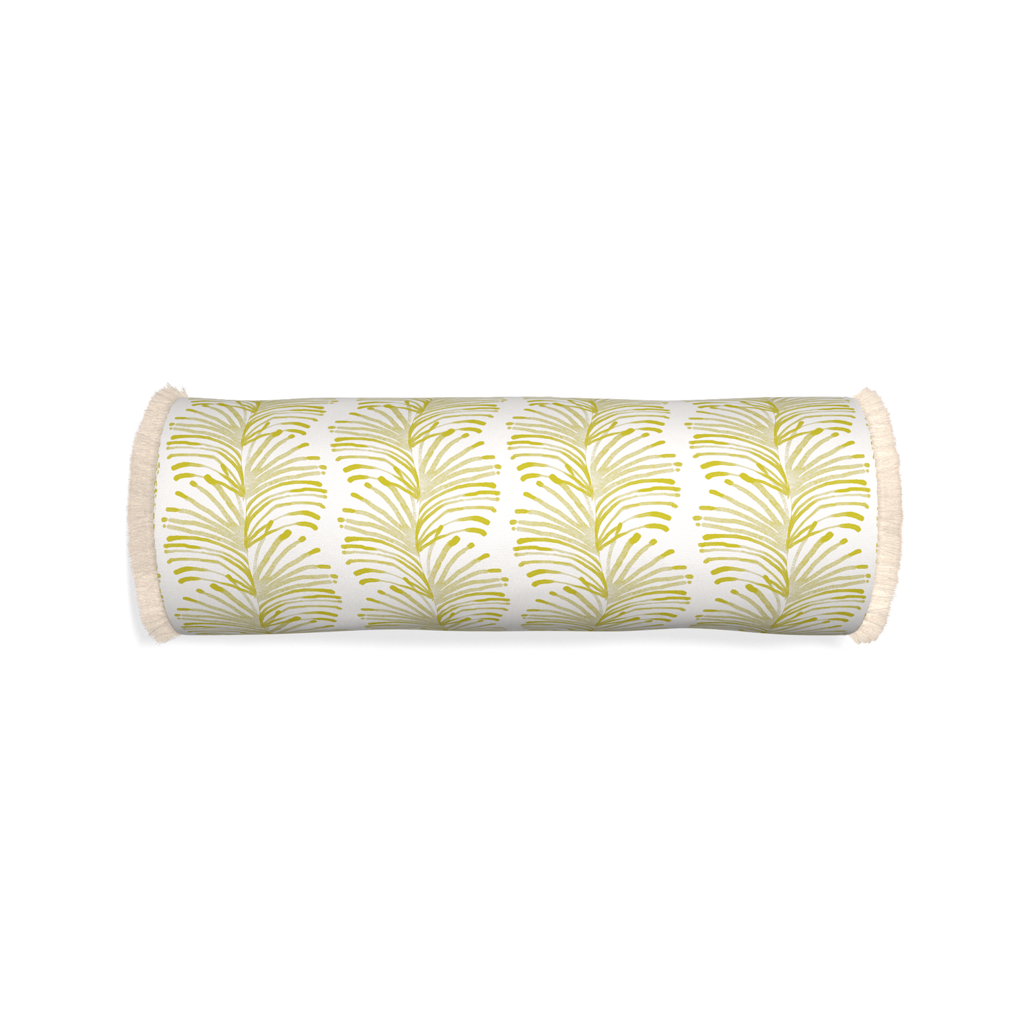 Bolster emma chartreuse custom pillow with cream fringe on white background