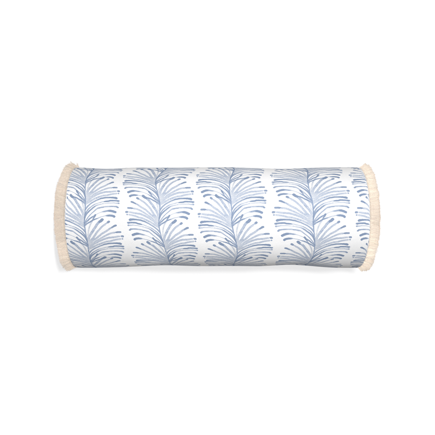 Bolster emma sky custom sky blue botanical stripepillow with cream fringe on white background