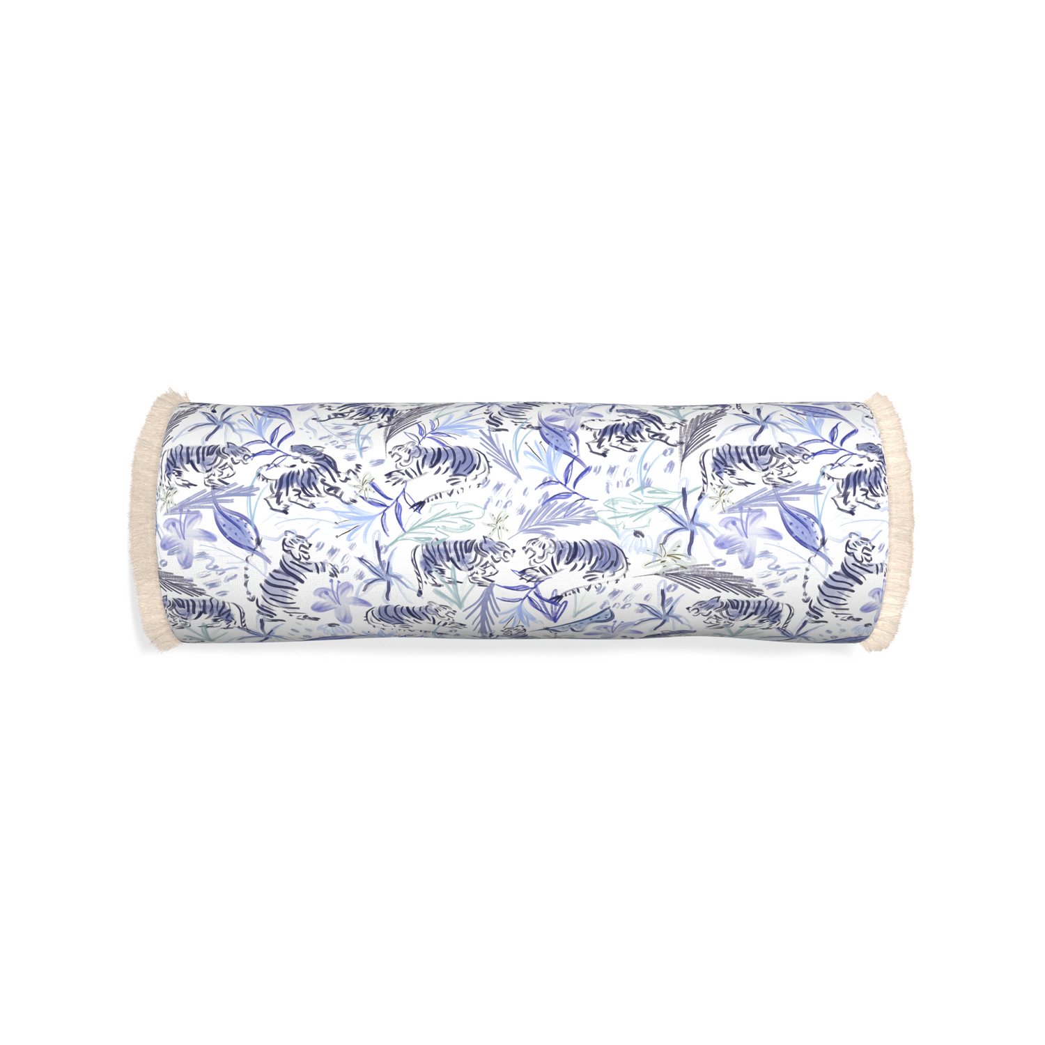 Bolster frida blue custom blue with intricate tiger designpillow with cream fringe on white background