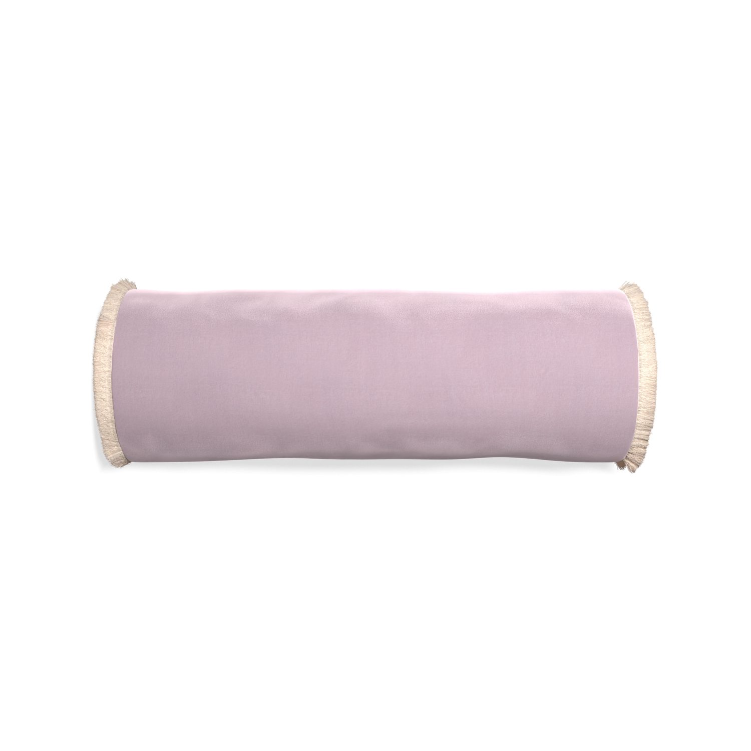 Bolster lilac velvet custom pillow with cream fringe on white background