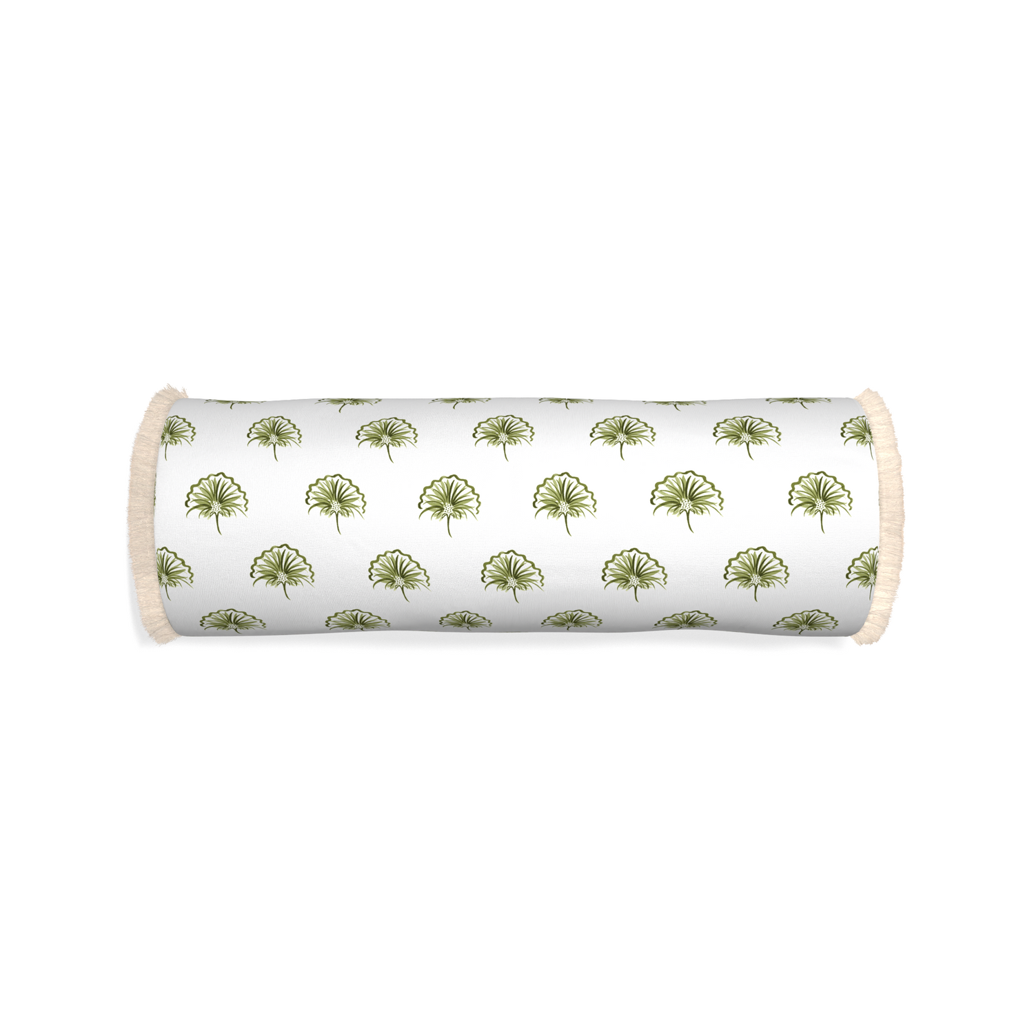 Bolster penelope moss custom green floralpillow with cream fringe on white background