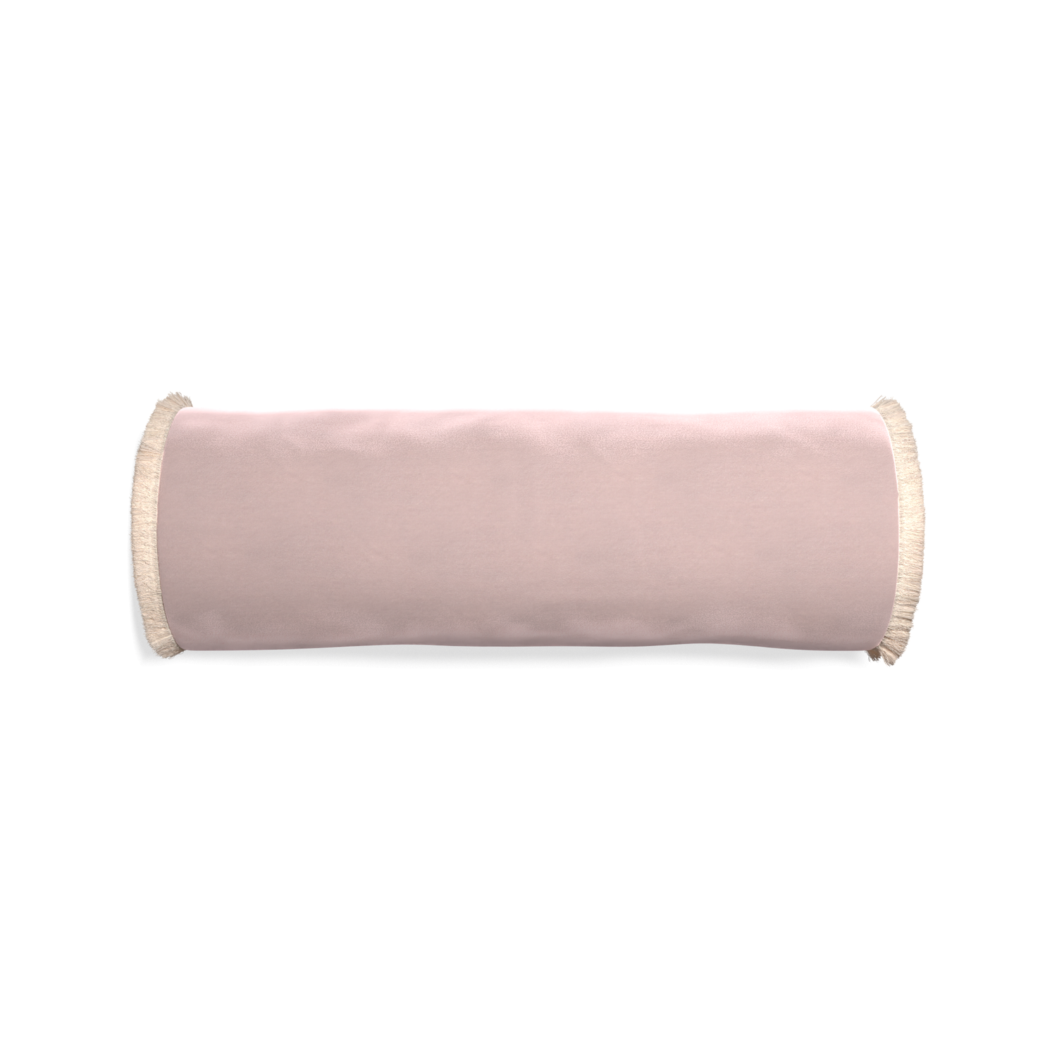 Bolster rose velvet custom pillow with cream fringe on white background