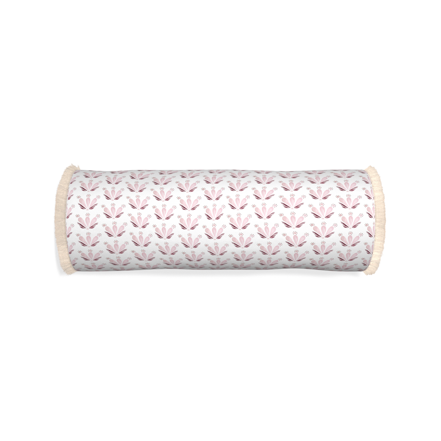 Bolster serena pink custom pink & burgundy drop repeat floralpillow with cream fringe on white background