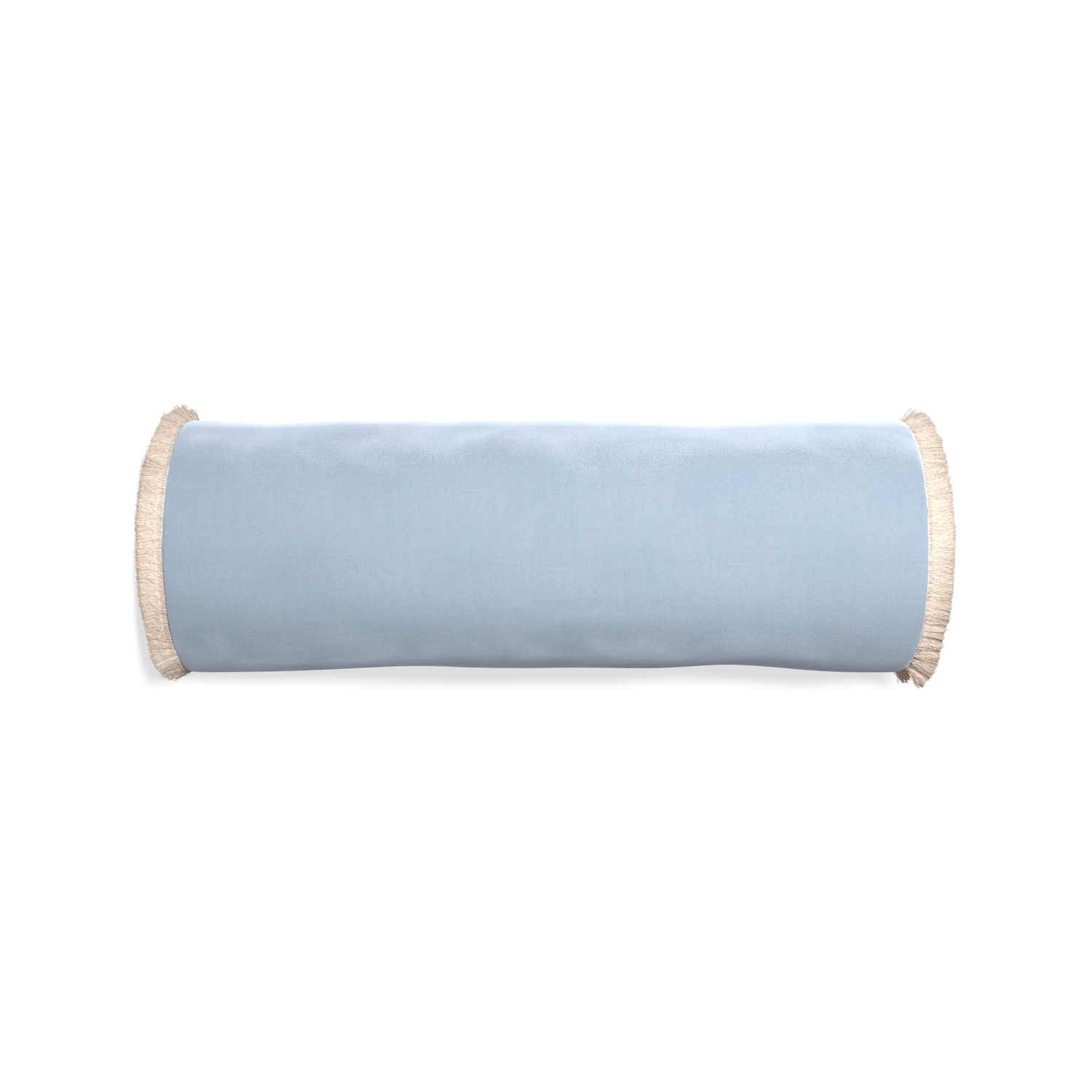 bolster light blue velvet pillow with cream fringe