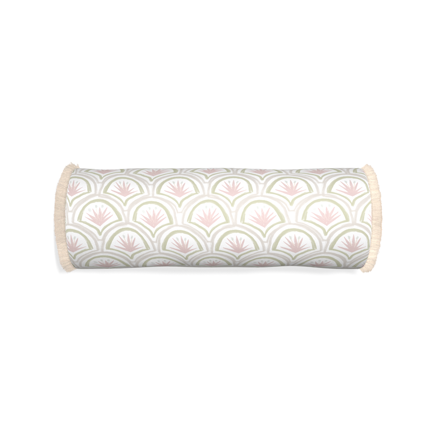 Bolster thatcher rose custom pink & green palmpillow with cream fringe on white background