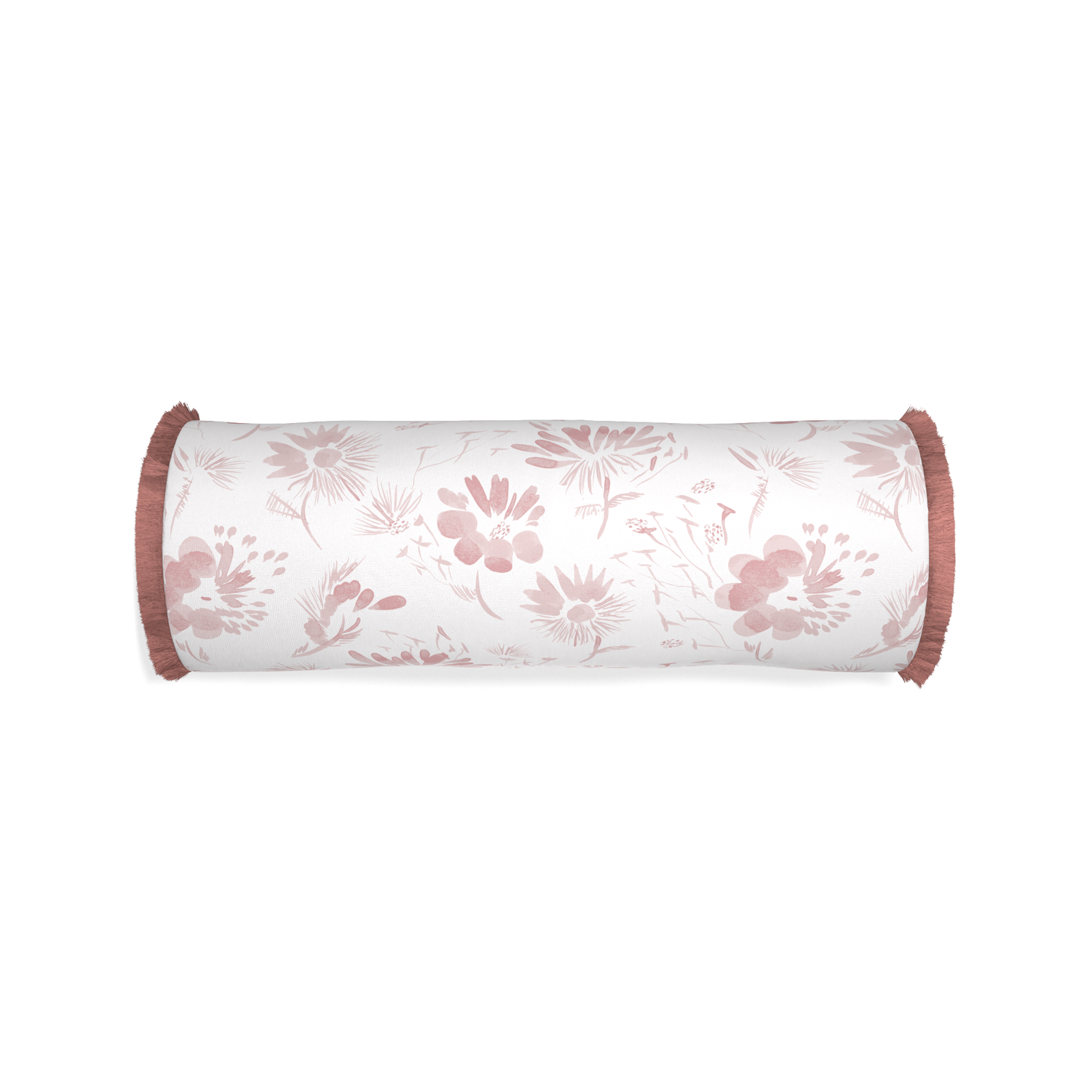 Bolster blake custom pink floralpillow with d fringe on white background