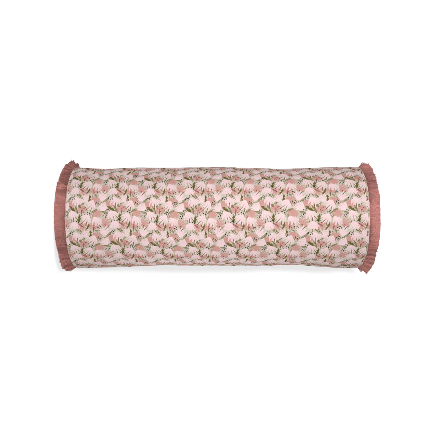 Bolster eden pink custom pillow with d fringe on white background