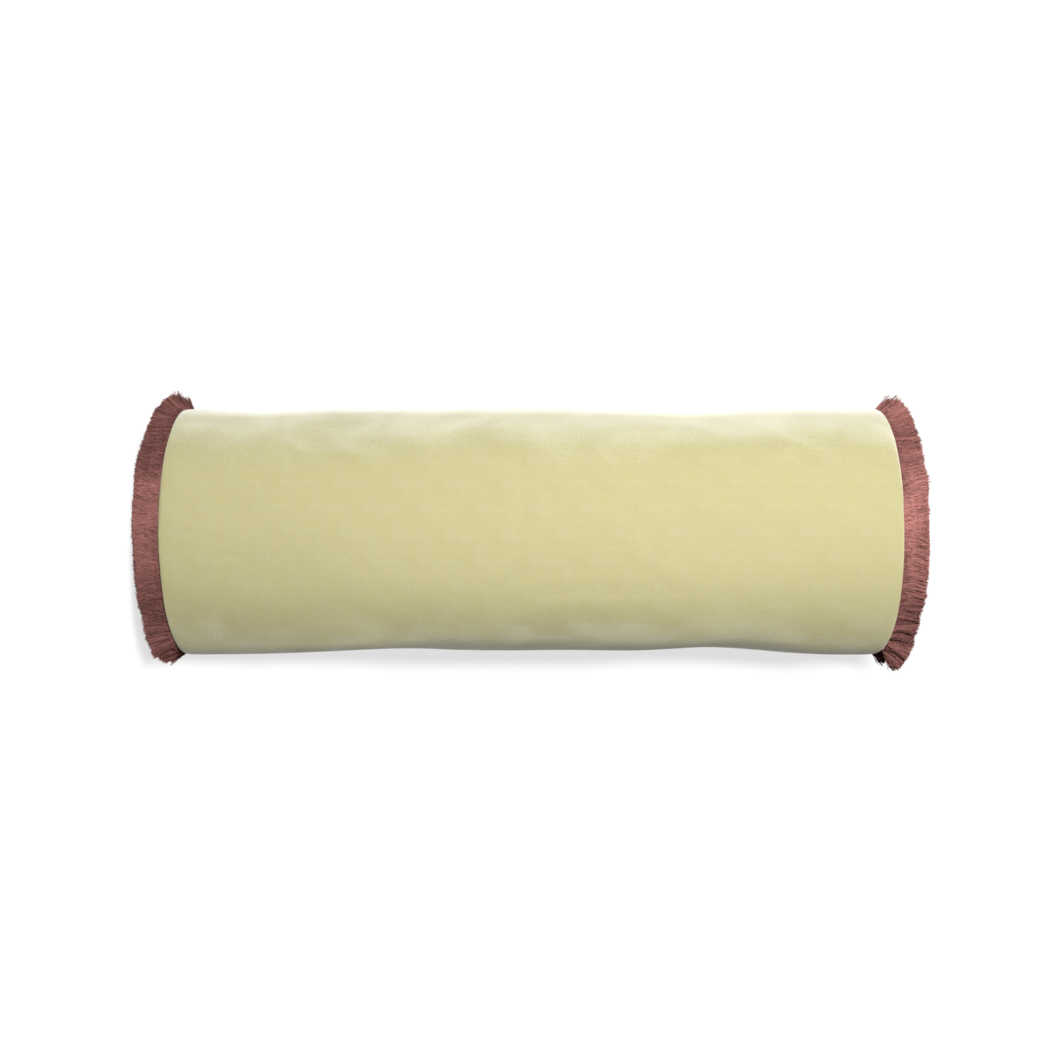 Bolster pear velvet custom pillow with d fringe on white background