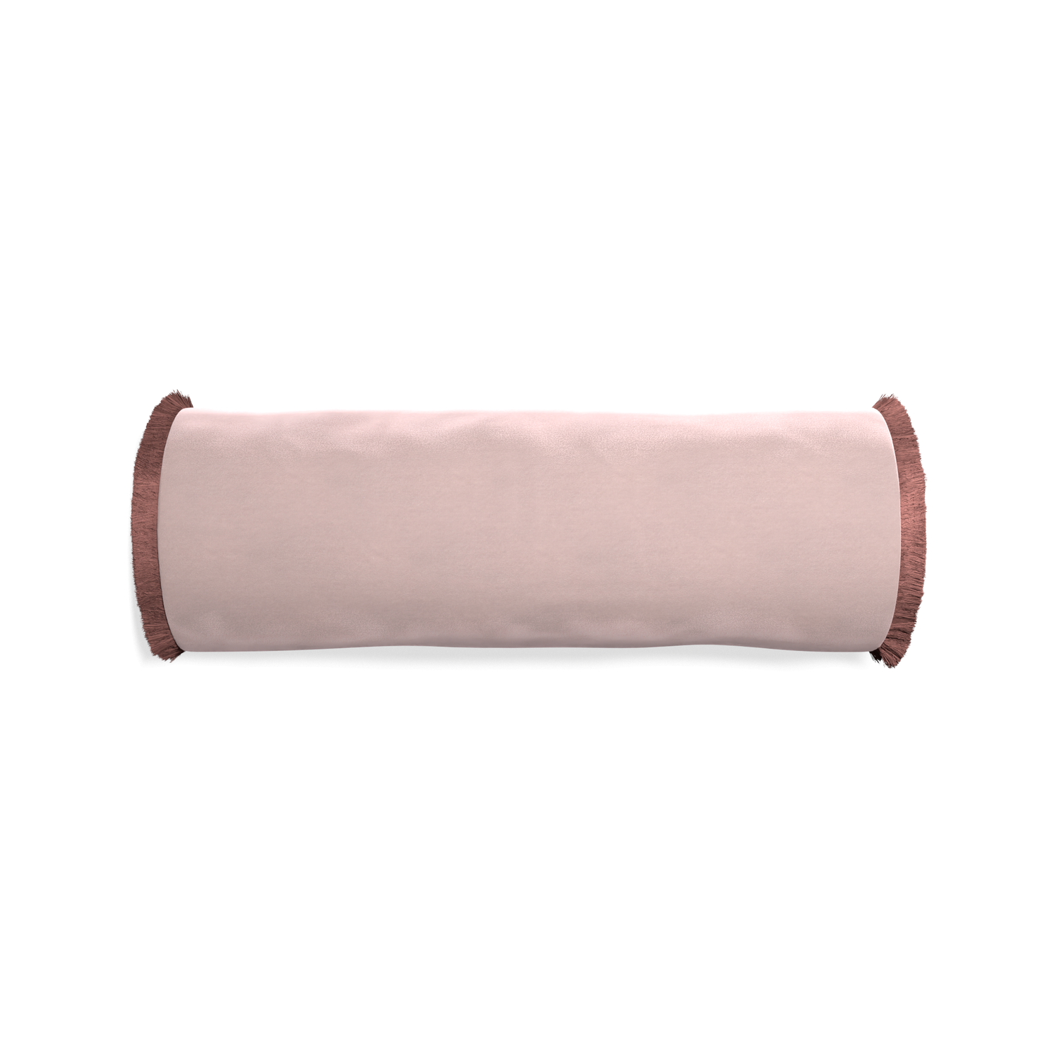 Bolster rose velvet custom pillow with d fringe on white background