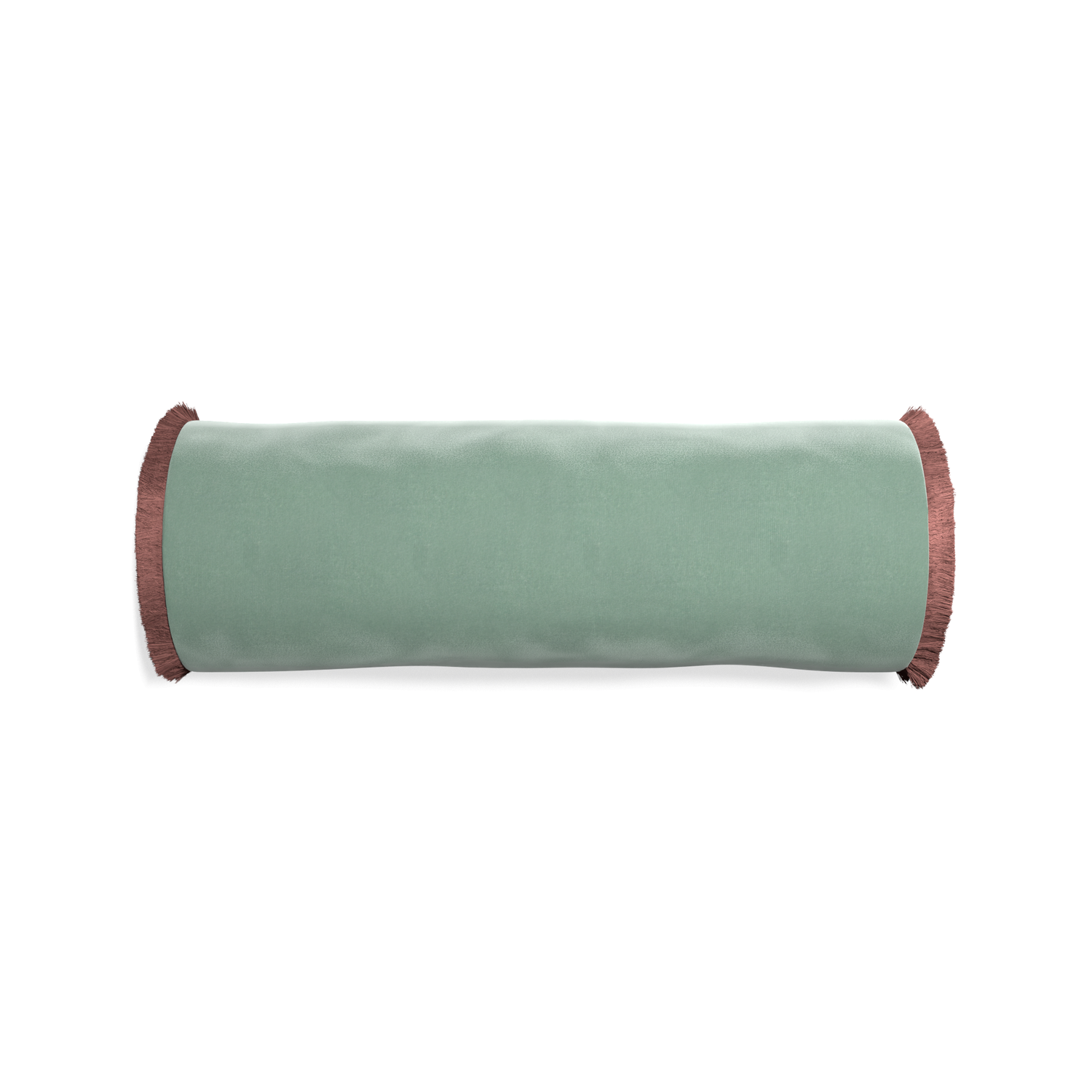 bolster blue green velvet pillow with dusty rose fringe