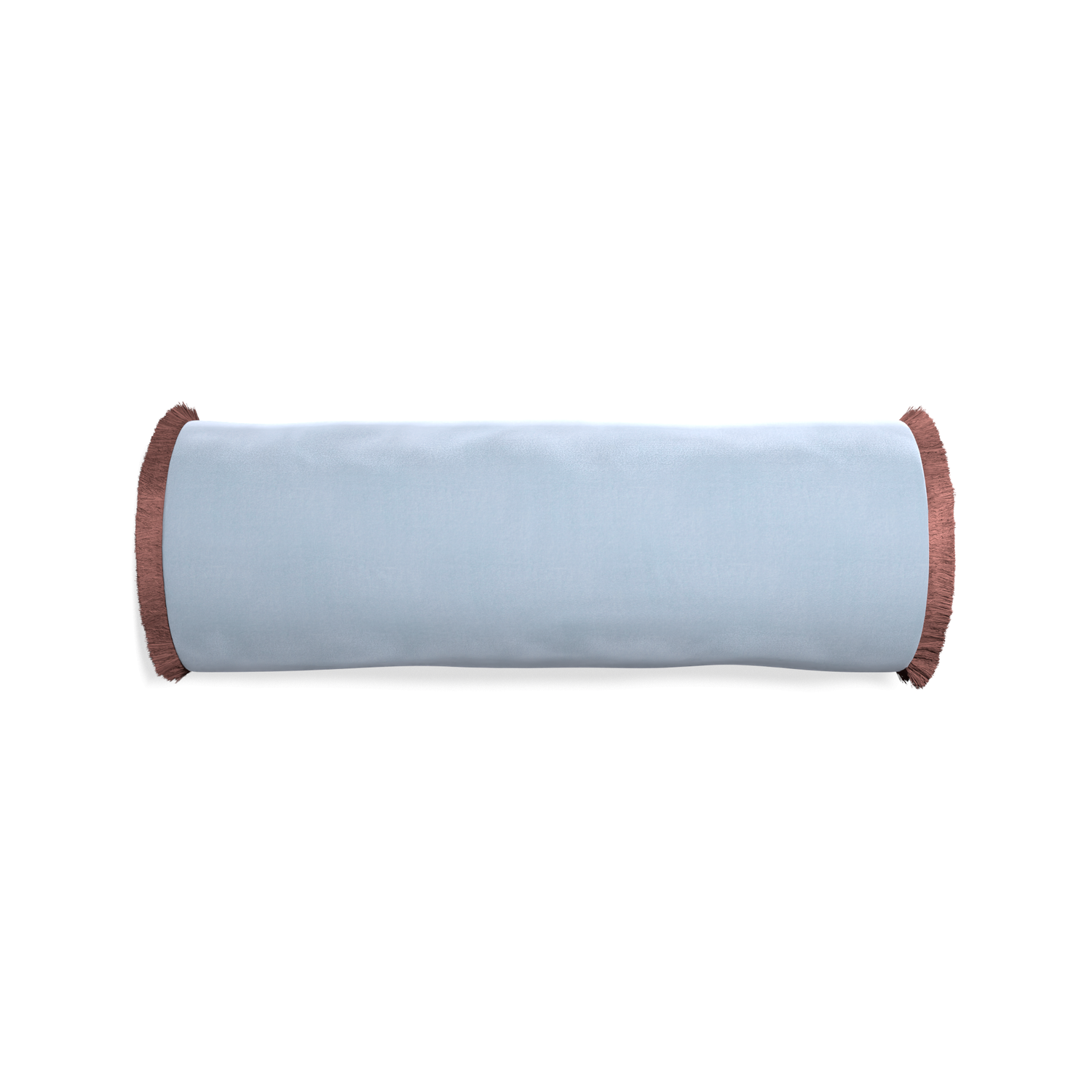 bolster light blue velvet pillow with dusty rose fringe