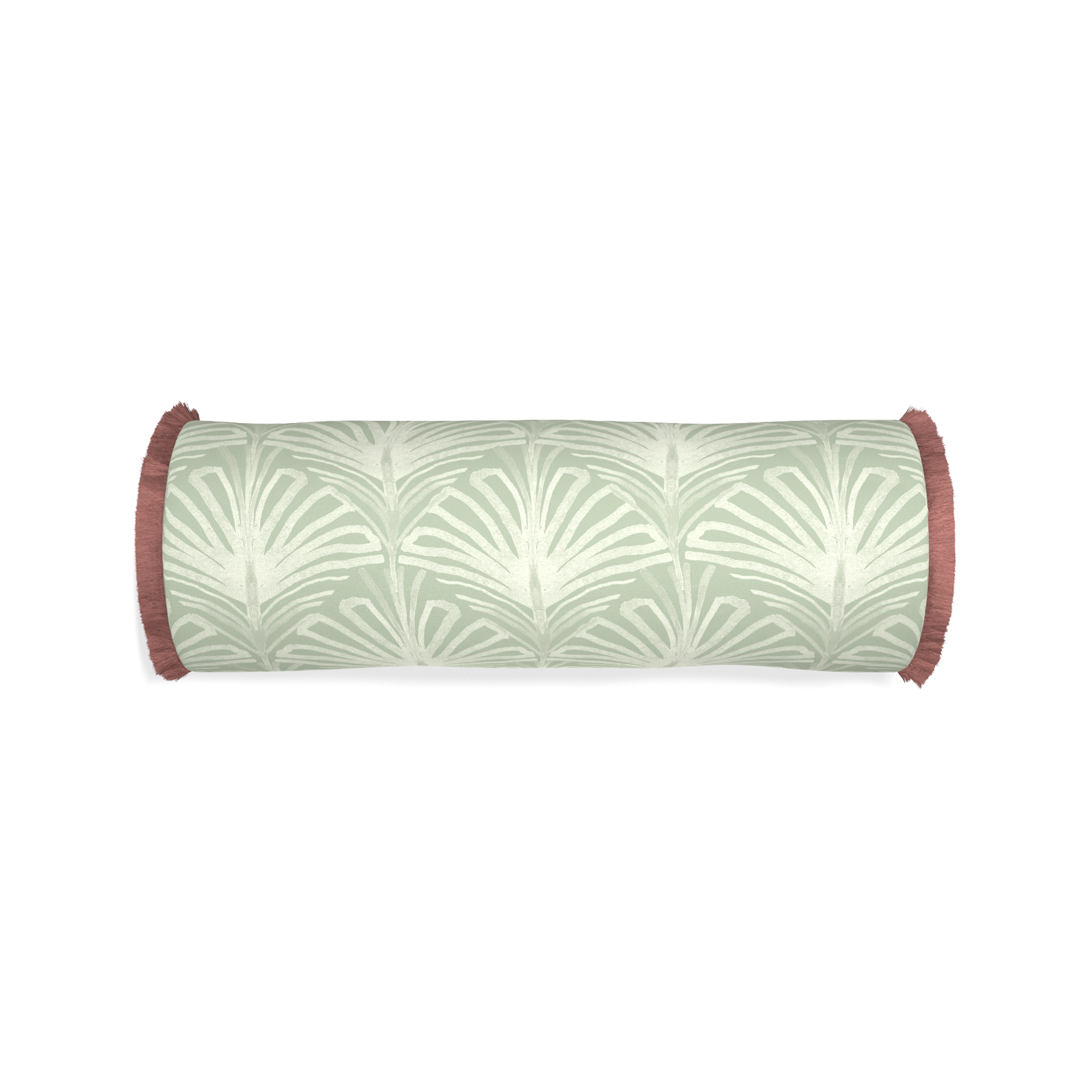 Bolster suzy sage custom pillow with d fringe on white background