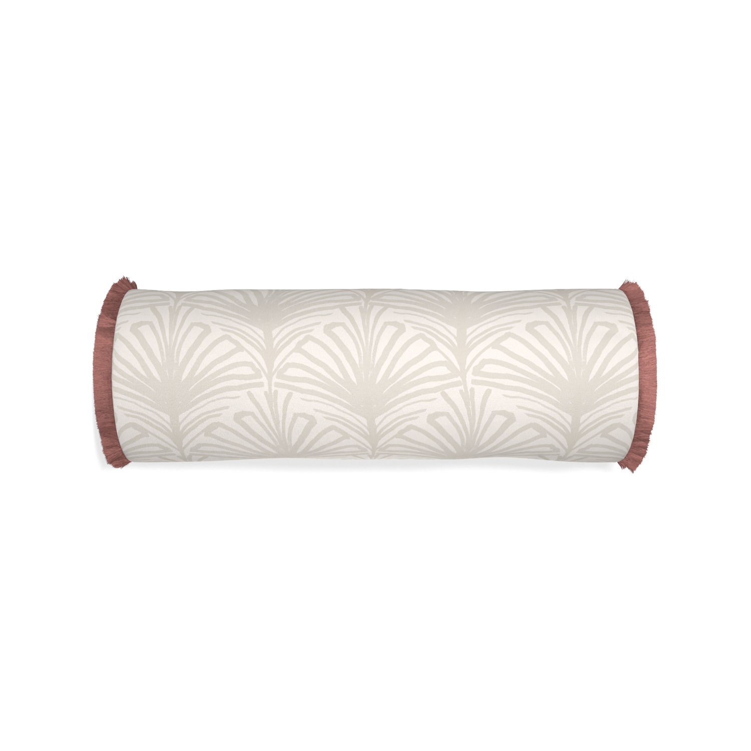 Bolster suzy sand custom beige palmpillow with d fringe on white background