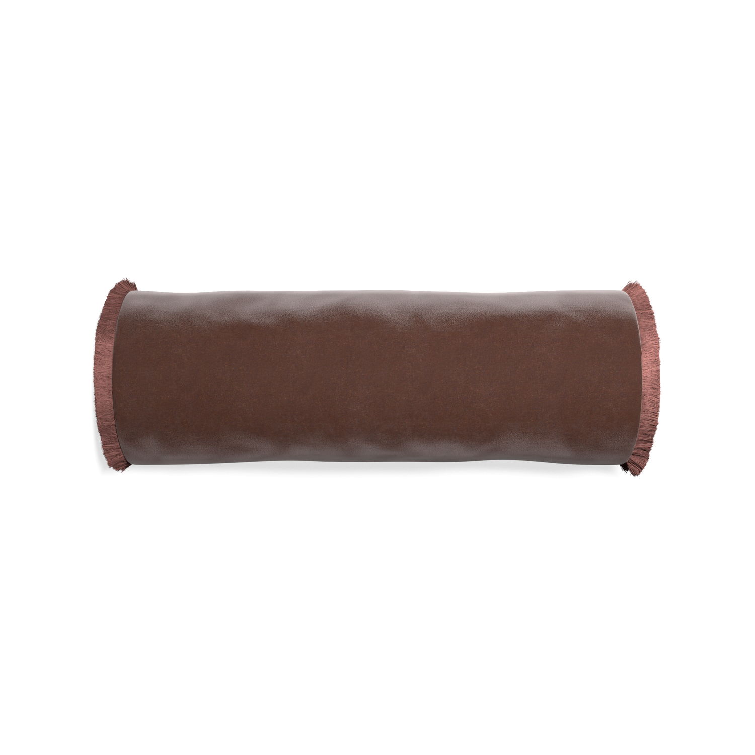 bolster brown velvet pillow with dusty rose fringe