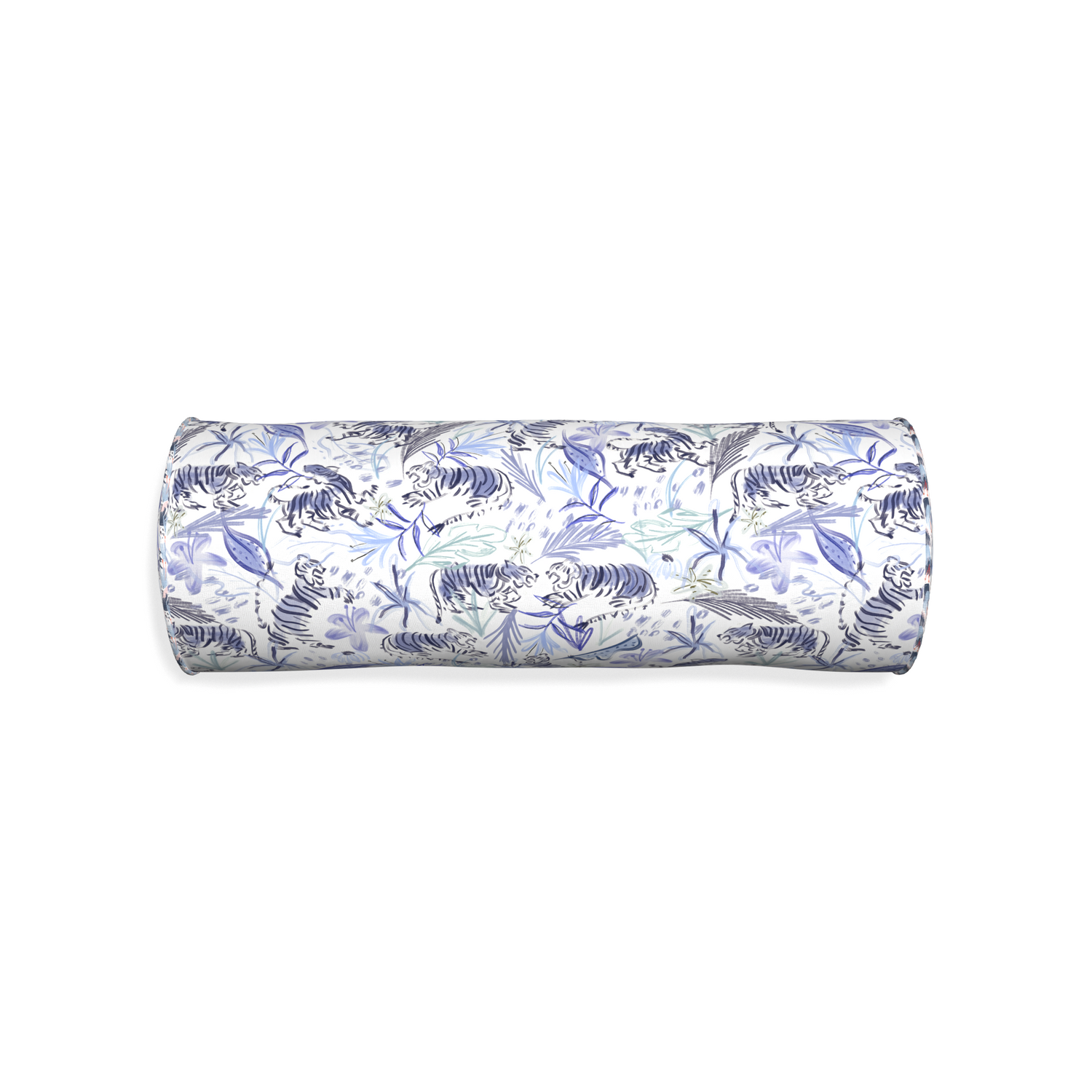 Bolster frida blue custom blue with intricate tiger designpillow with e piping on white background