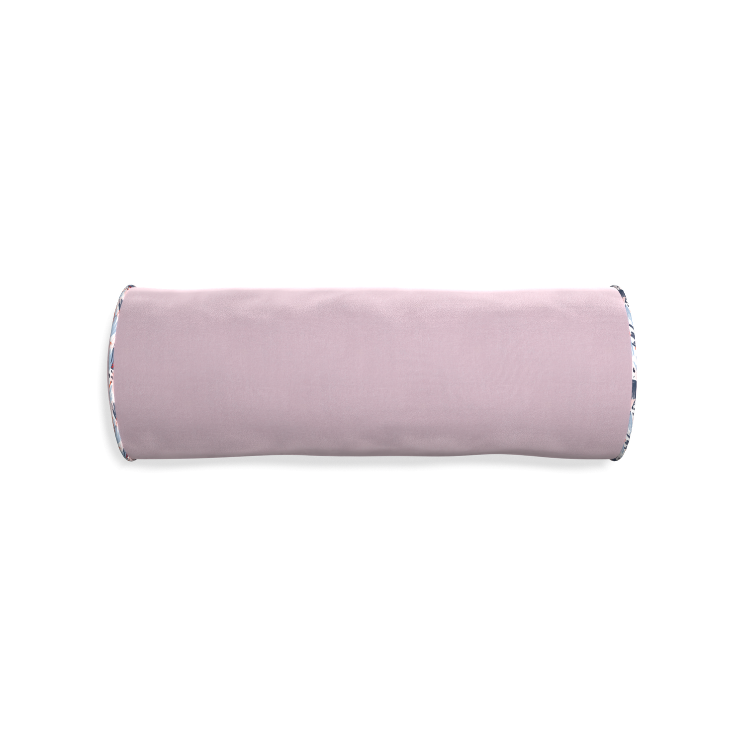 Bolster lilac velvet custom pillow with e piping on white background