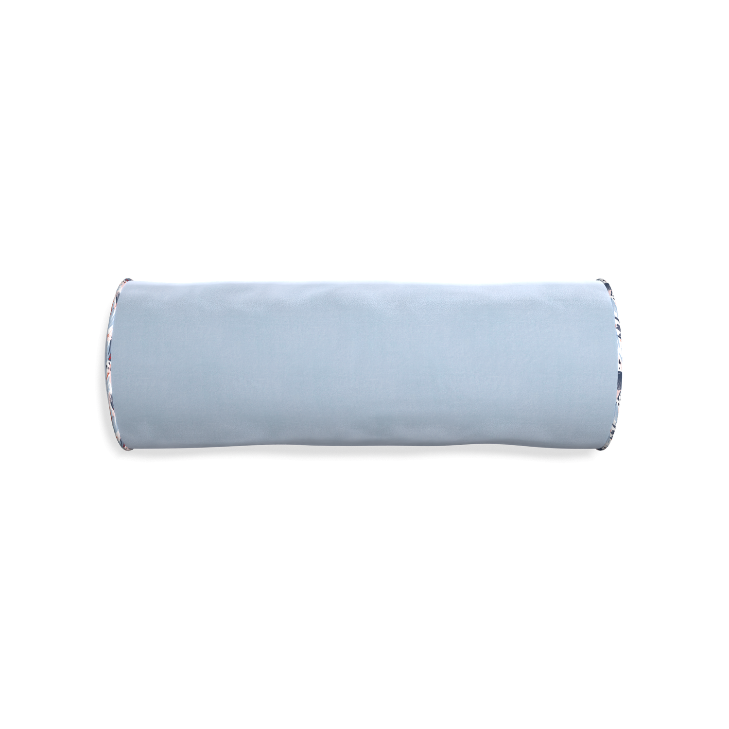 Bolster sky velvet custom pillow with e piping on white background