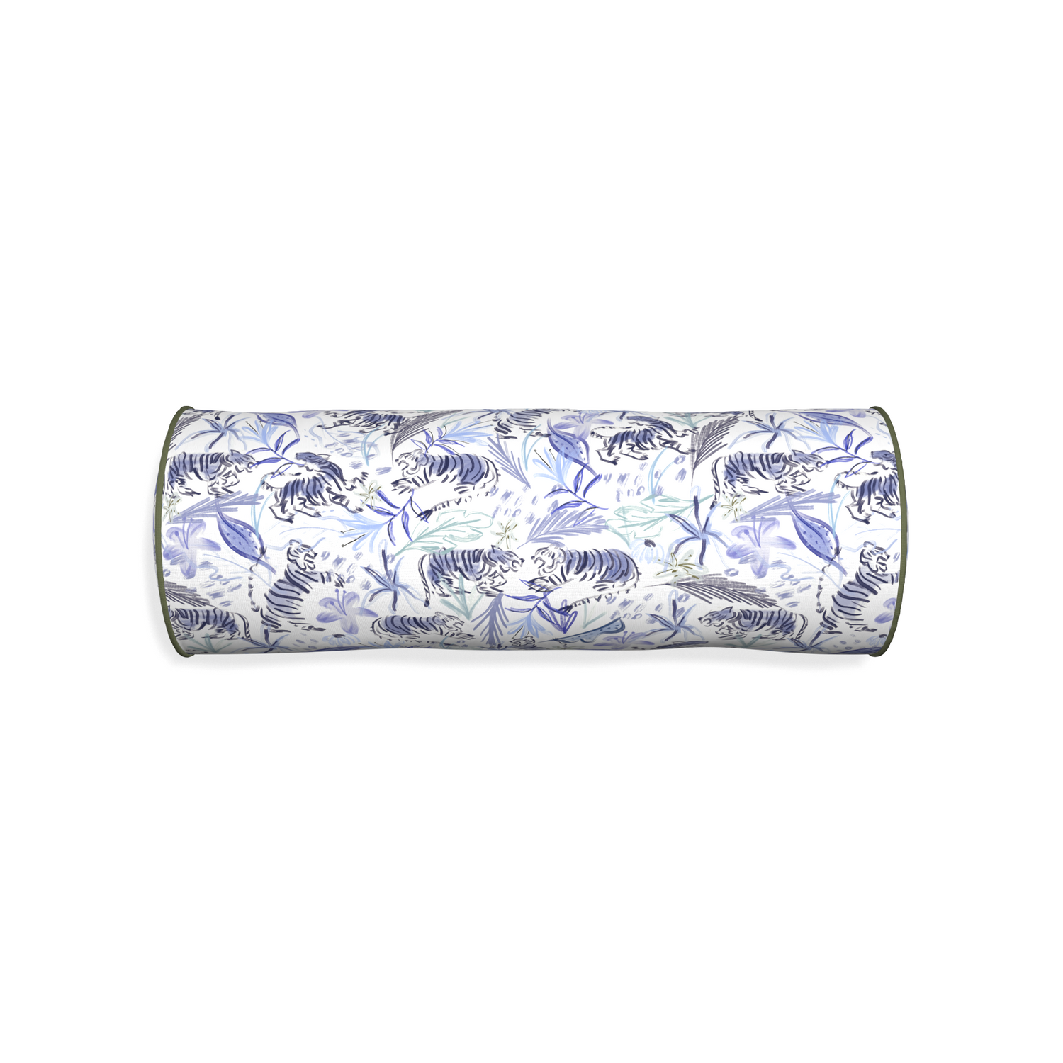 Bolster frida blue custom blue with intricate tiger designpillow with f piping on white background