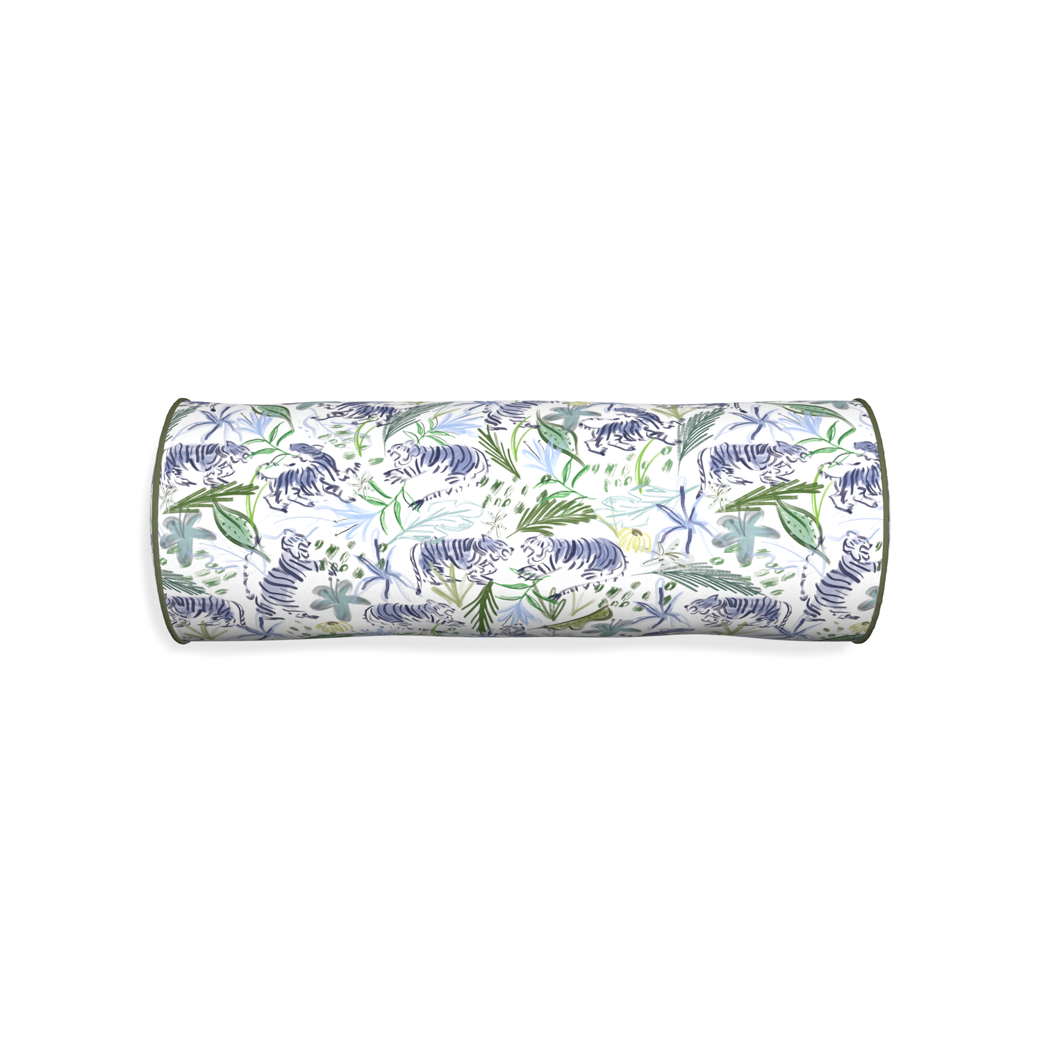 Bolster frida green custom pillow with f piping on white background