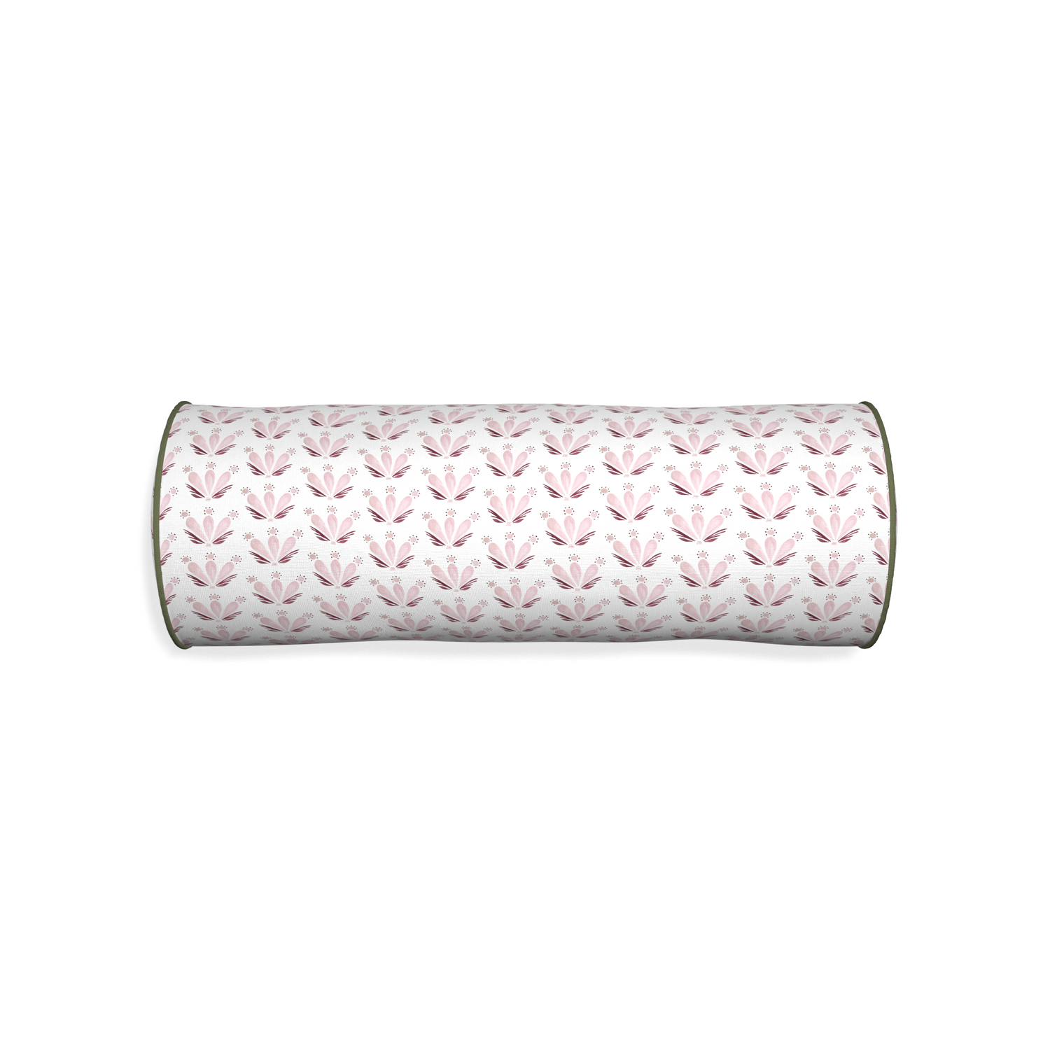 Bolster serena pink custom pink & burgundy drop repeat floralpillow with f piping on white background